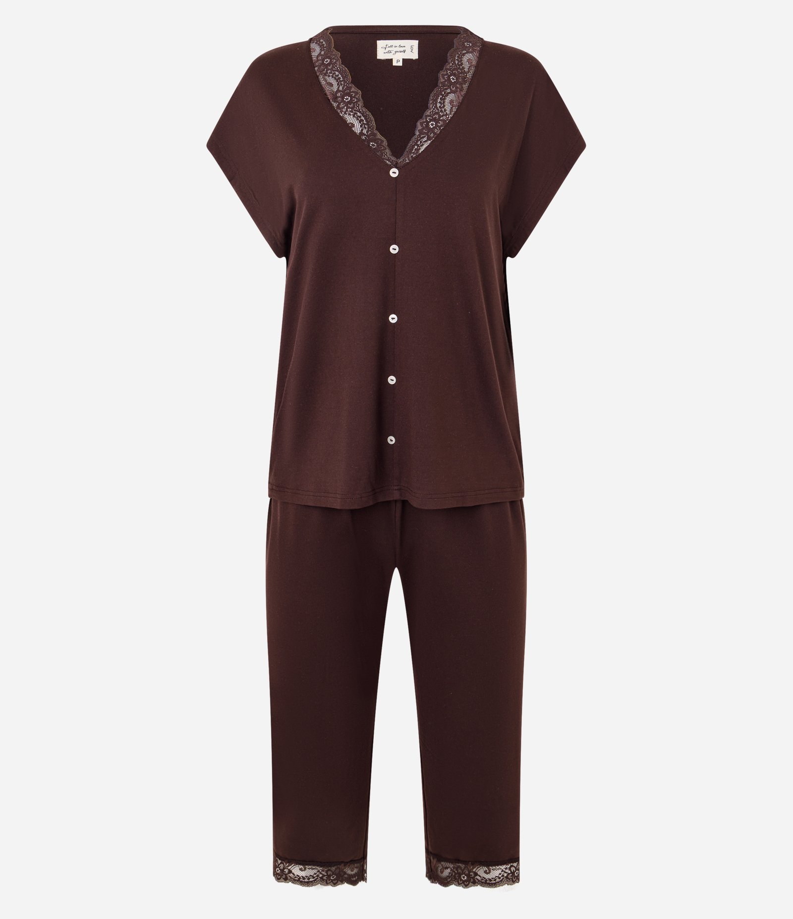 Pijama Capri Peach Touch com Renda Aplicada Marrom 4