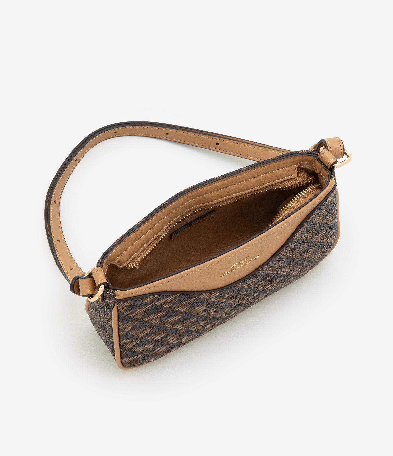 Bolsa Baguete Pequena com Estampa Geométrica Marrom 6