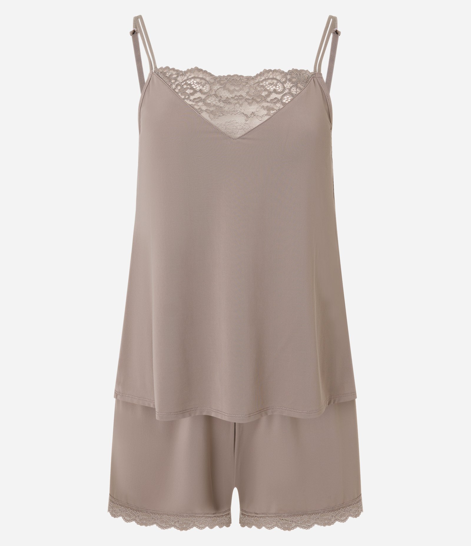 Pijama Short Doll com Renda no Decote e Barra do Short Cinza 1