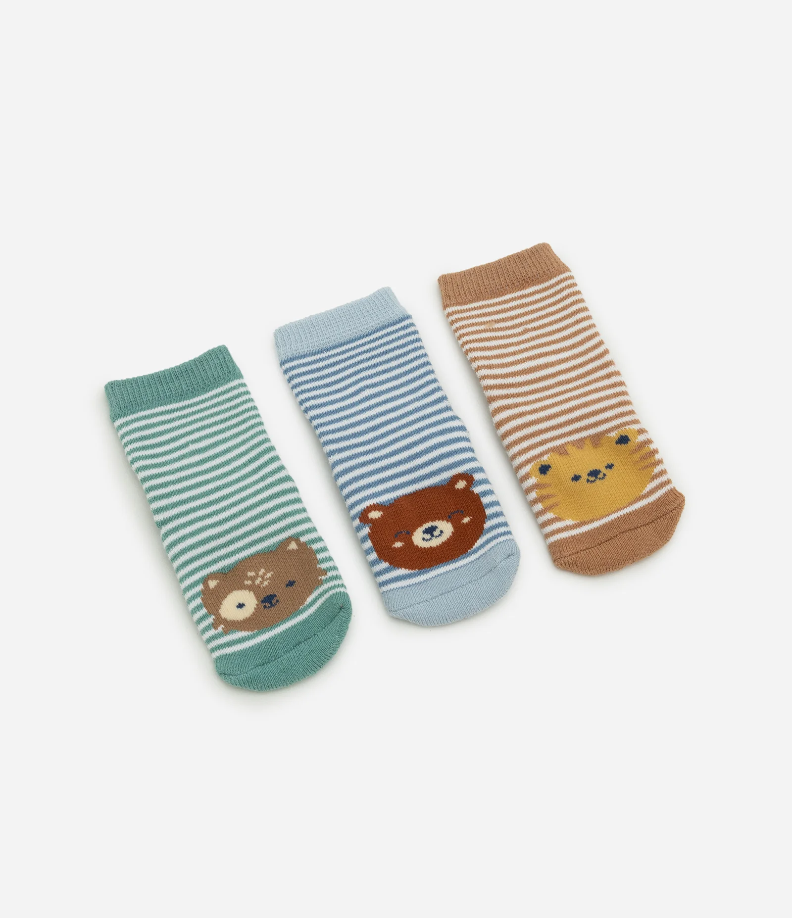 Kit 03 Meias Infantis Listradas com Cara de Bichinho - Tam RN a 12 meses Verde/Azul/Marrom 1