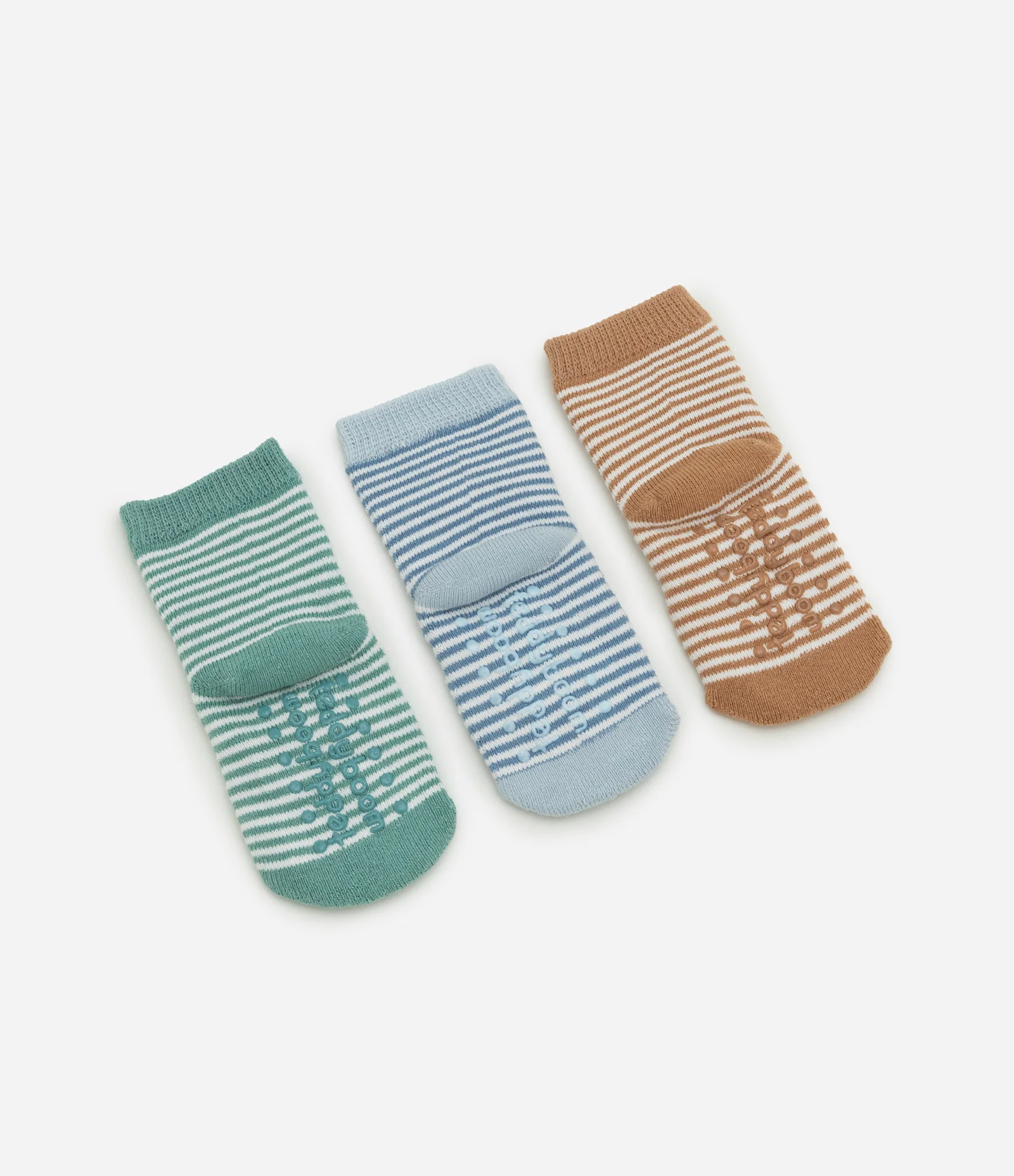 Kit 03 Meias Infantis Listradas com Cara de Bichinho - Tam RN a 12 meses Verde/Azul/Marrom 2