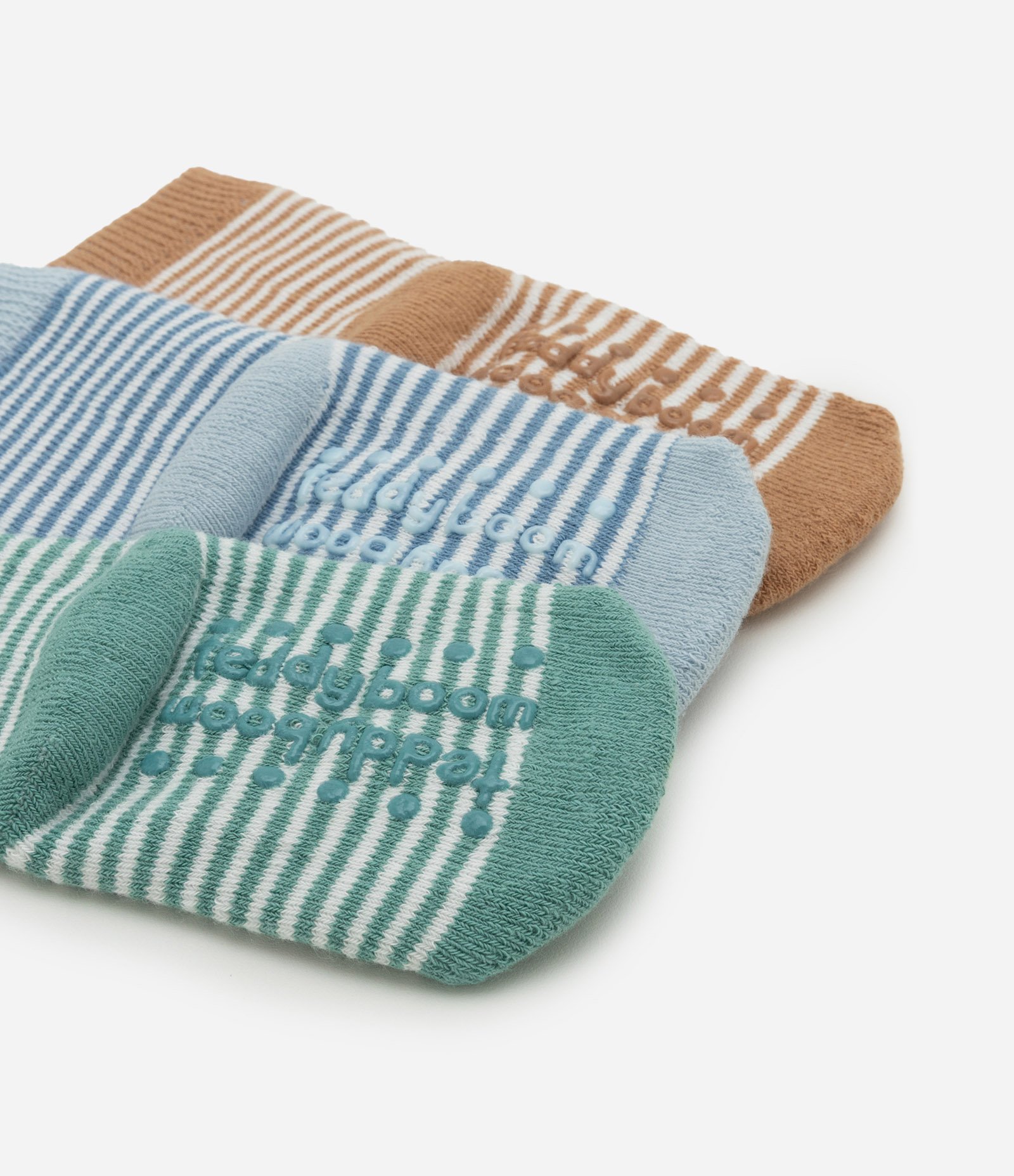 Kit 03 Meias Infantis Listradas com Cara de Bichinho - Tam RN a 12 meses Verde/Azul/Marrom 3