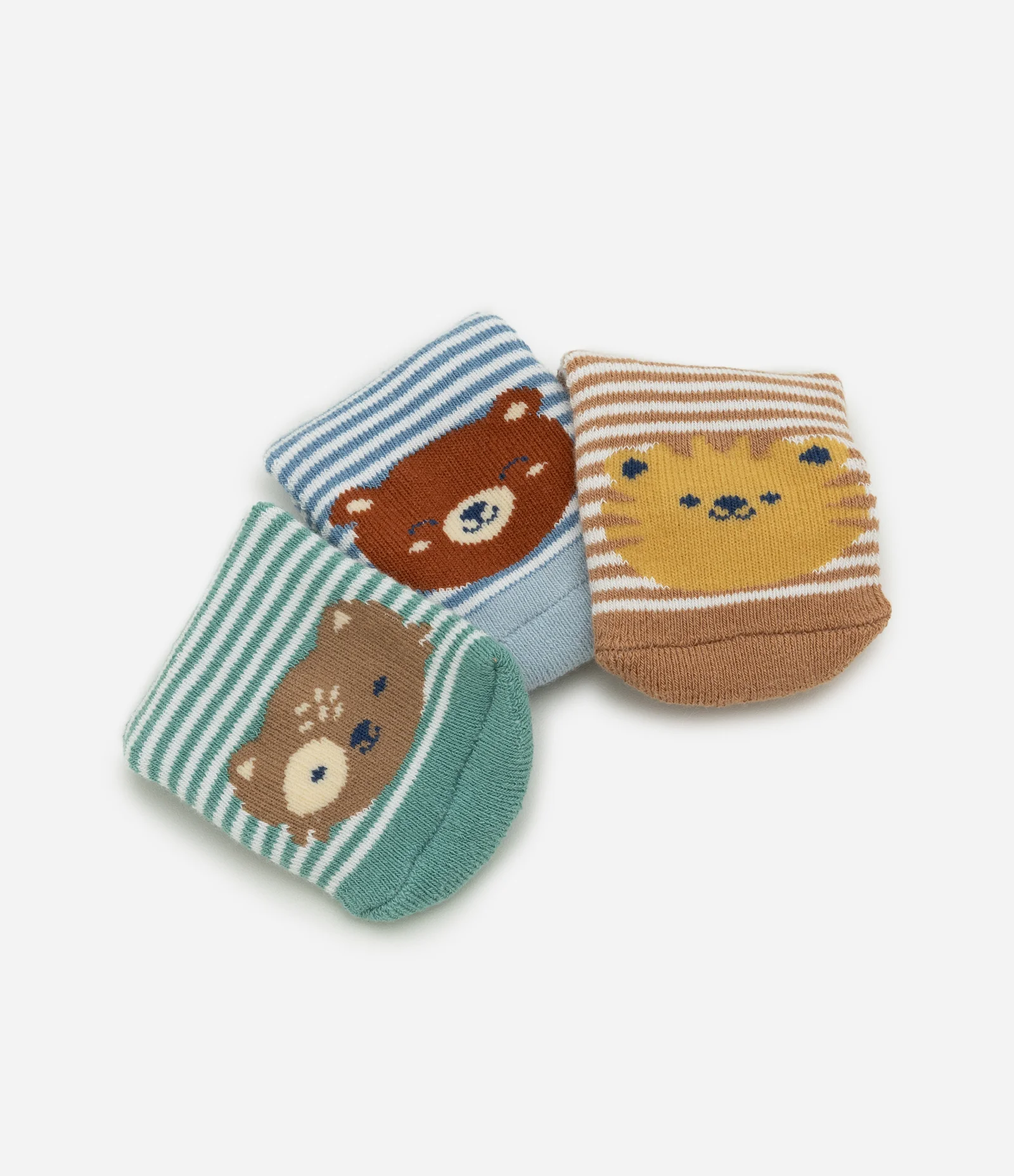 Kit 03 Meias Infantis Listradas com Cara de Bichinho - Tam RN a 12 meses Verde/Azul/Marrom 4