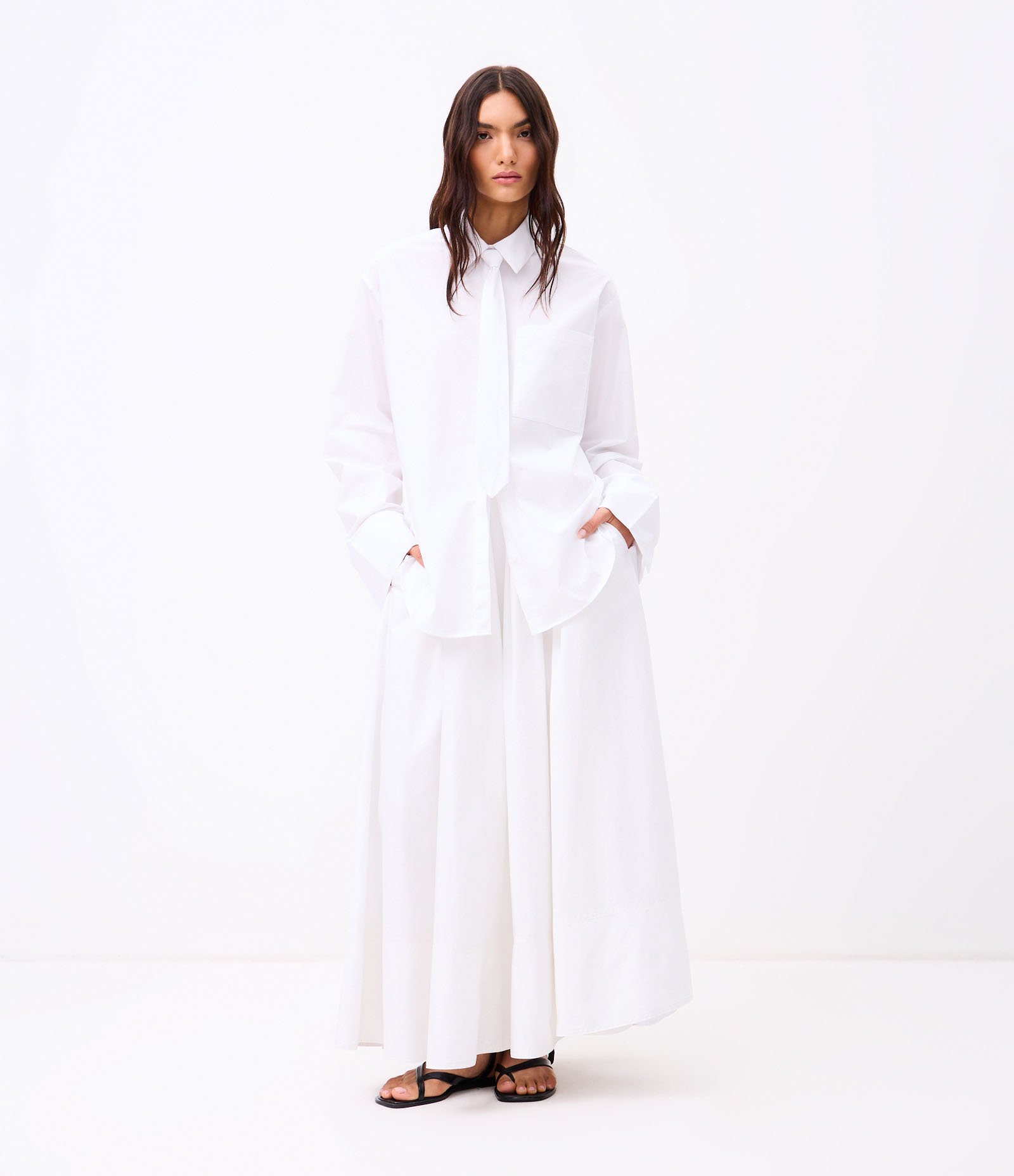 Camisa Maxi Oversized em Tricoline com Gravata Branco 3