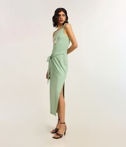Vestido Long Midi em Poliamida com Alcinha de Laço e Fenda Lateral