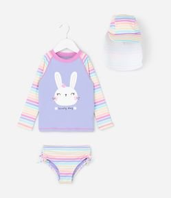 Conjunto Infantil Blusa UV com Calcinha e Chapéu Estampa Coelho – Tam 6 a 4 Anos