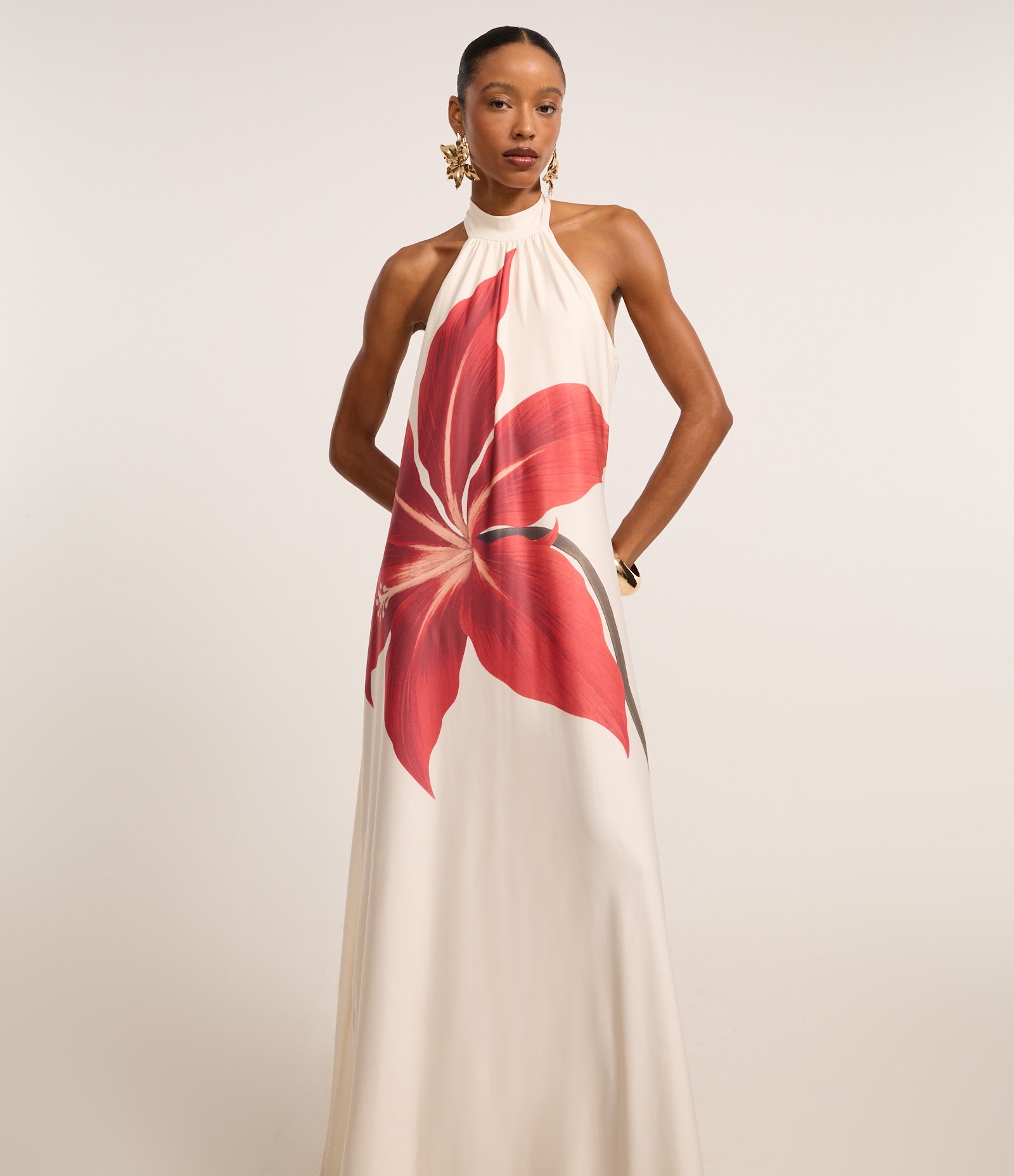 Vestido Ajustado em Microfibra com Estampa Floral Off White 1