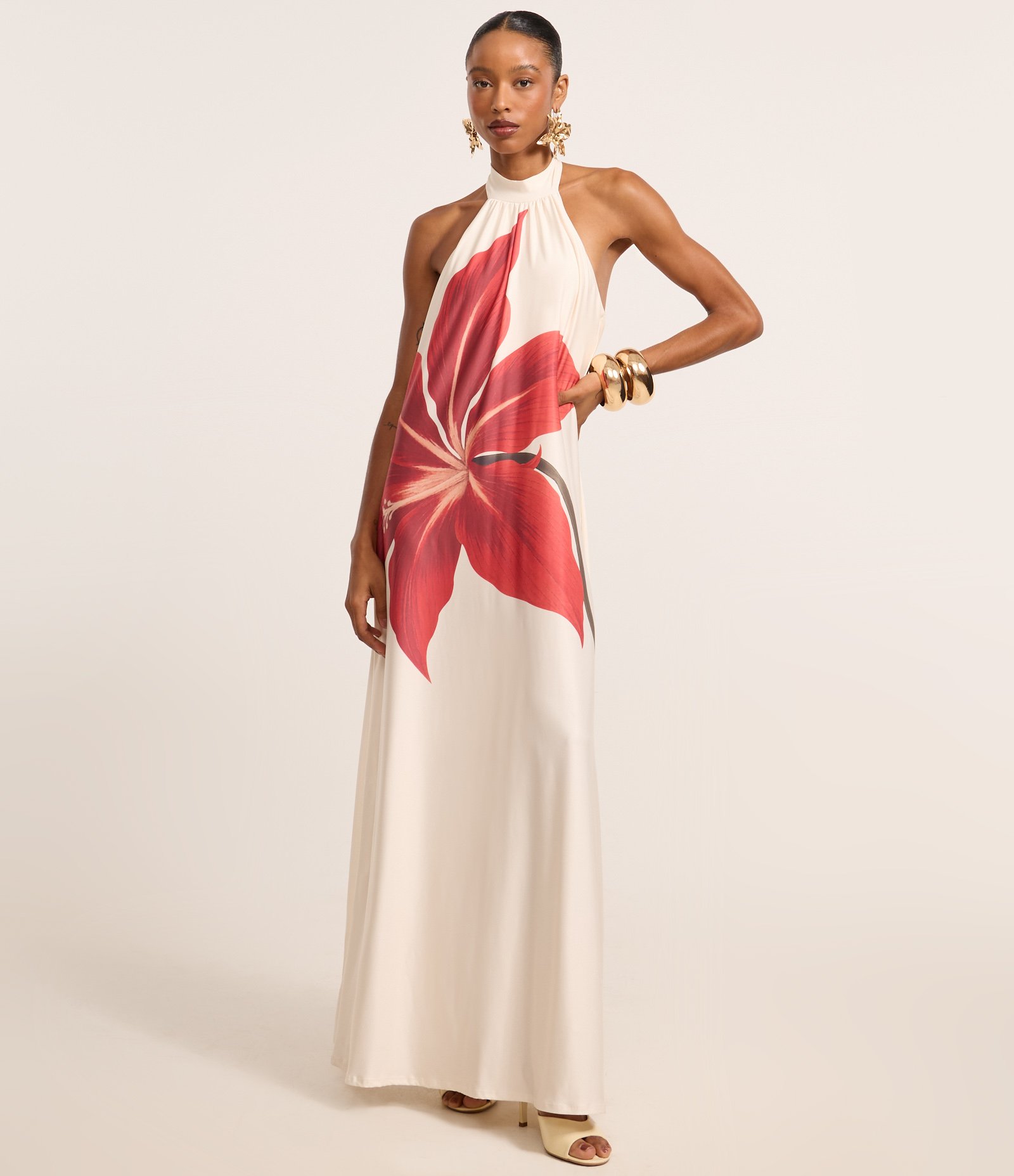 Vestido Ajustado em Microfibra com Estampa Floral Off White 2