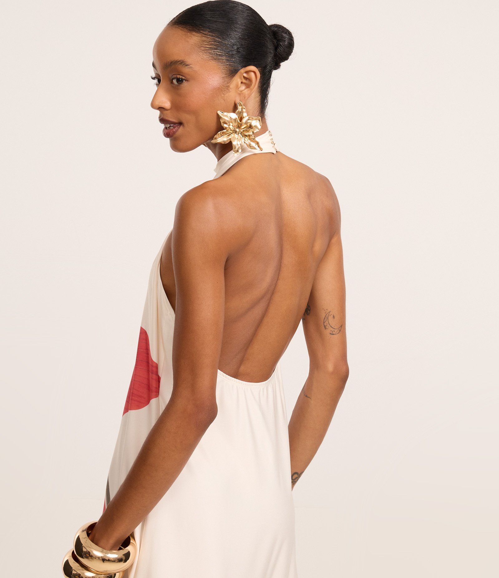 Vestido Ajustado em Microfibra com Estampa Floral Off White 4