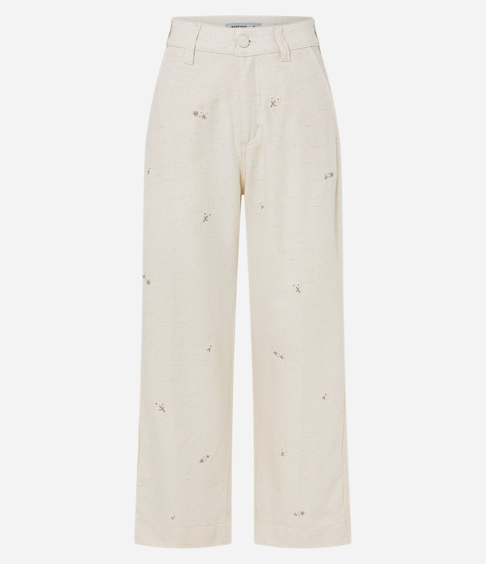Calça Reta Cropped em Algodão com Bordado Floral Bege 1