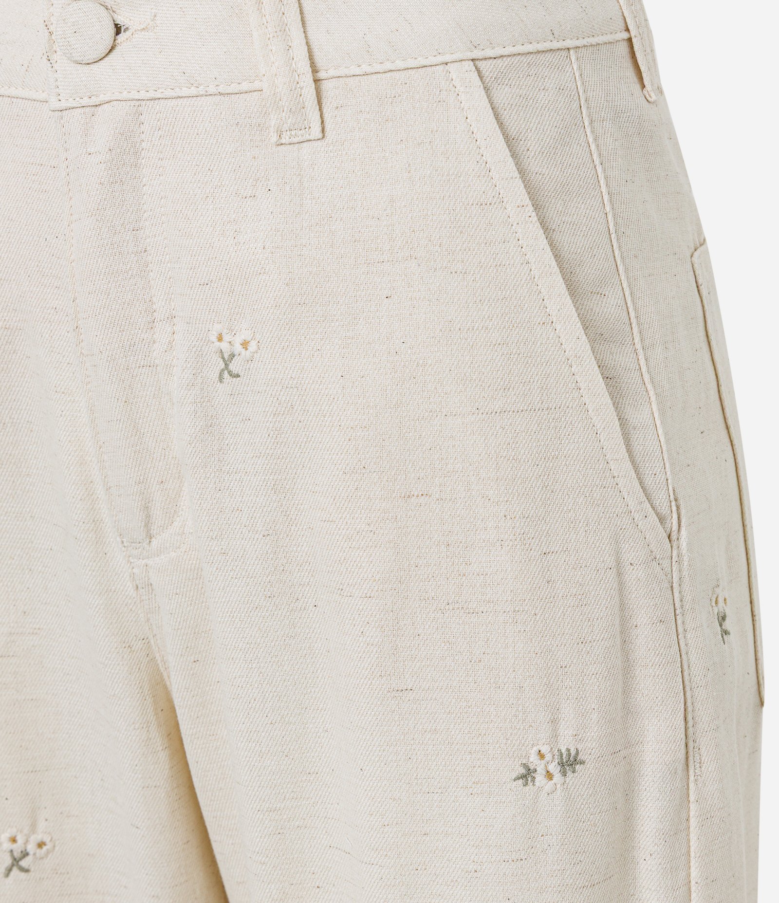 Calça Reta Cropped em Algodão com Bordado Floral Bege 2