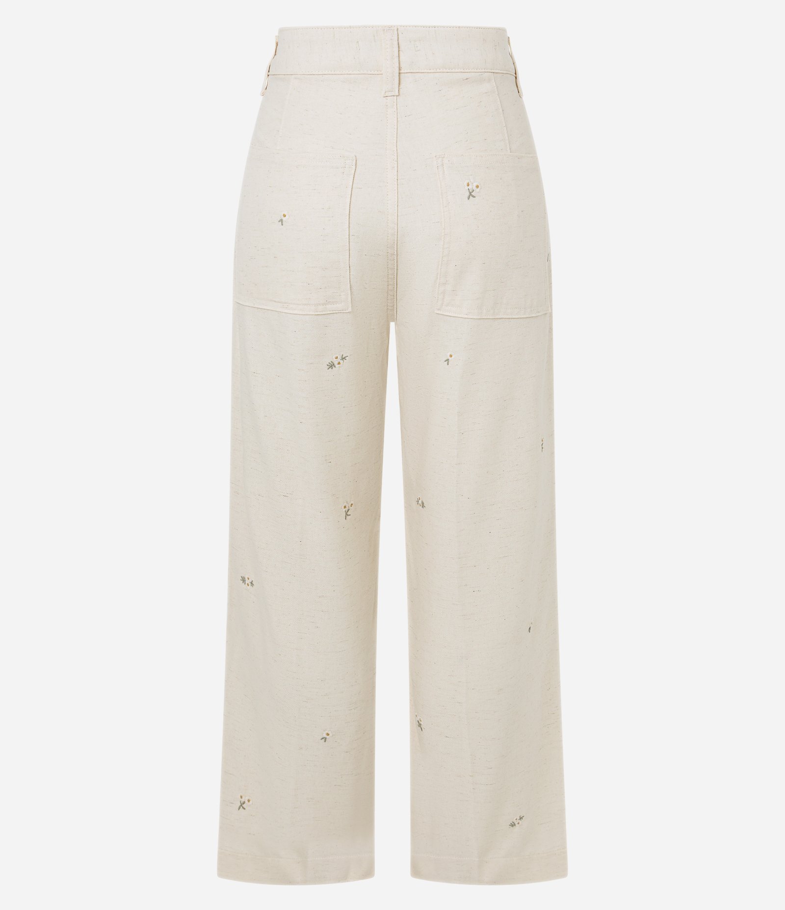 Calça Reta Cropped em Algodão com Bordado Floral Bege 3