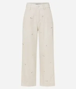 Calça Reta Cropped em Algodão com Bordado Floral