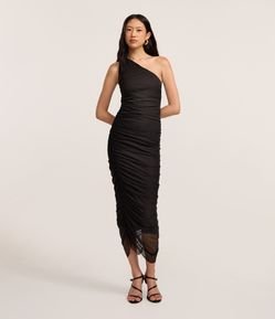 Vestido New Midi em Tule com Ombro Único e Franzido Lateral