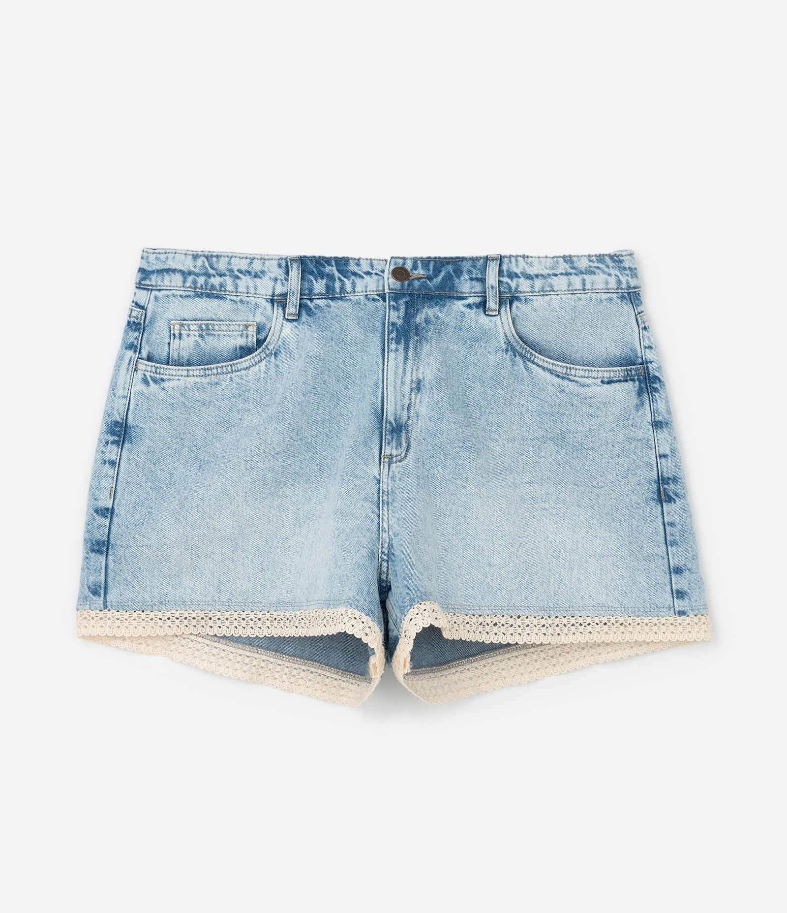 Short Boyfriend em Jeans com Rendinha Guipir na Barra Azul 6
