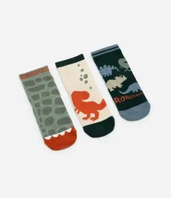 Kit 03 Meias Infantil de Dinossauro com Cano Médio – Tam 19 a 30