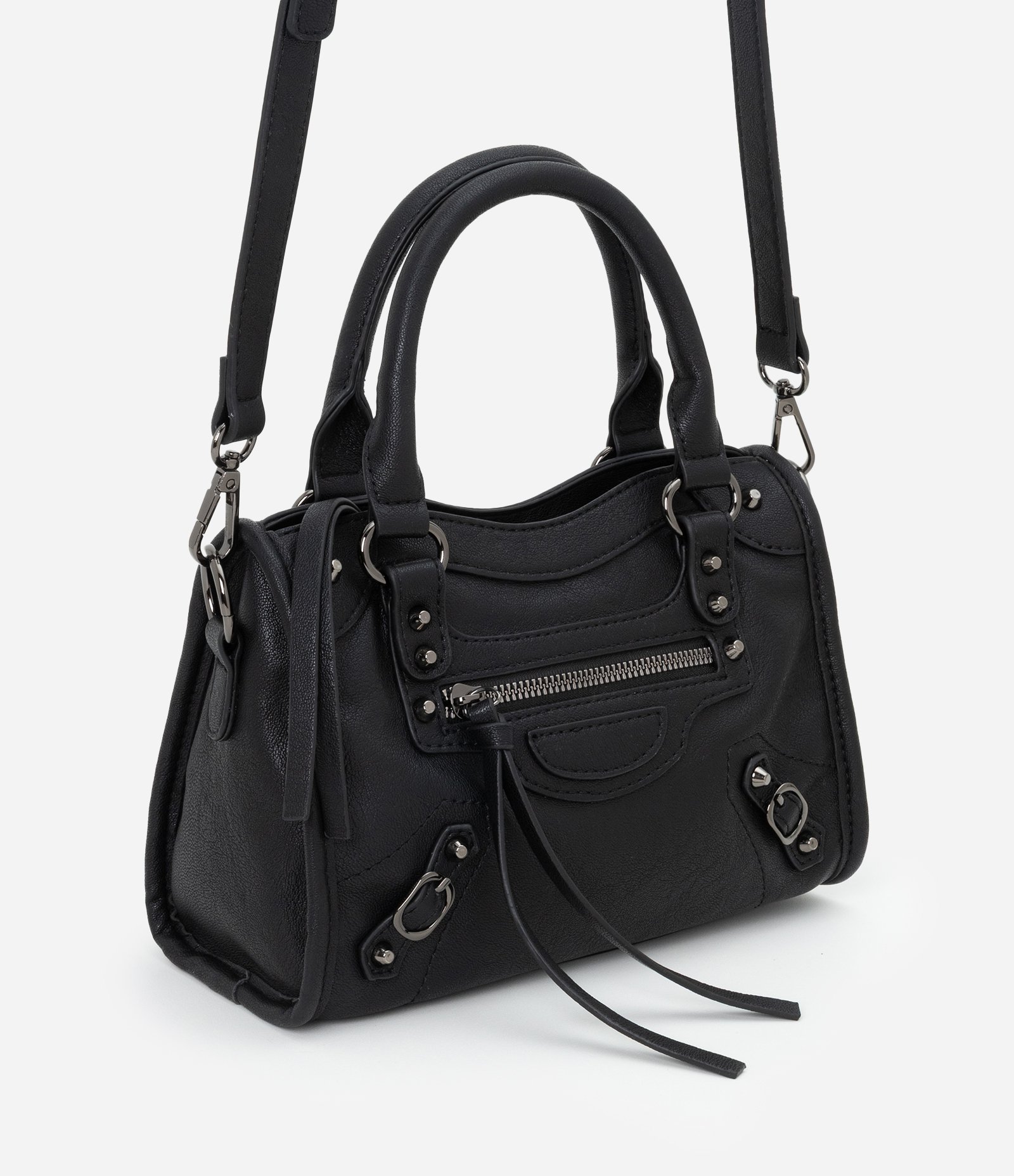Bolsa Pequena Satchel com Detalhes Metálicos Preto 1