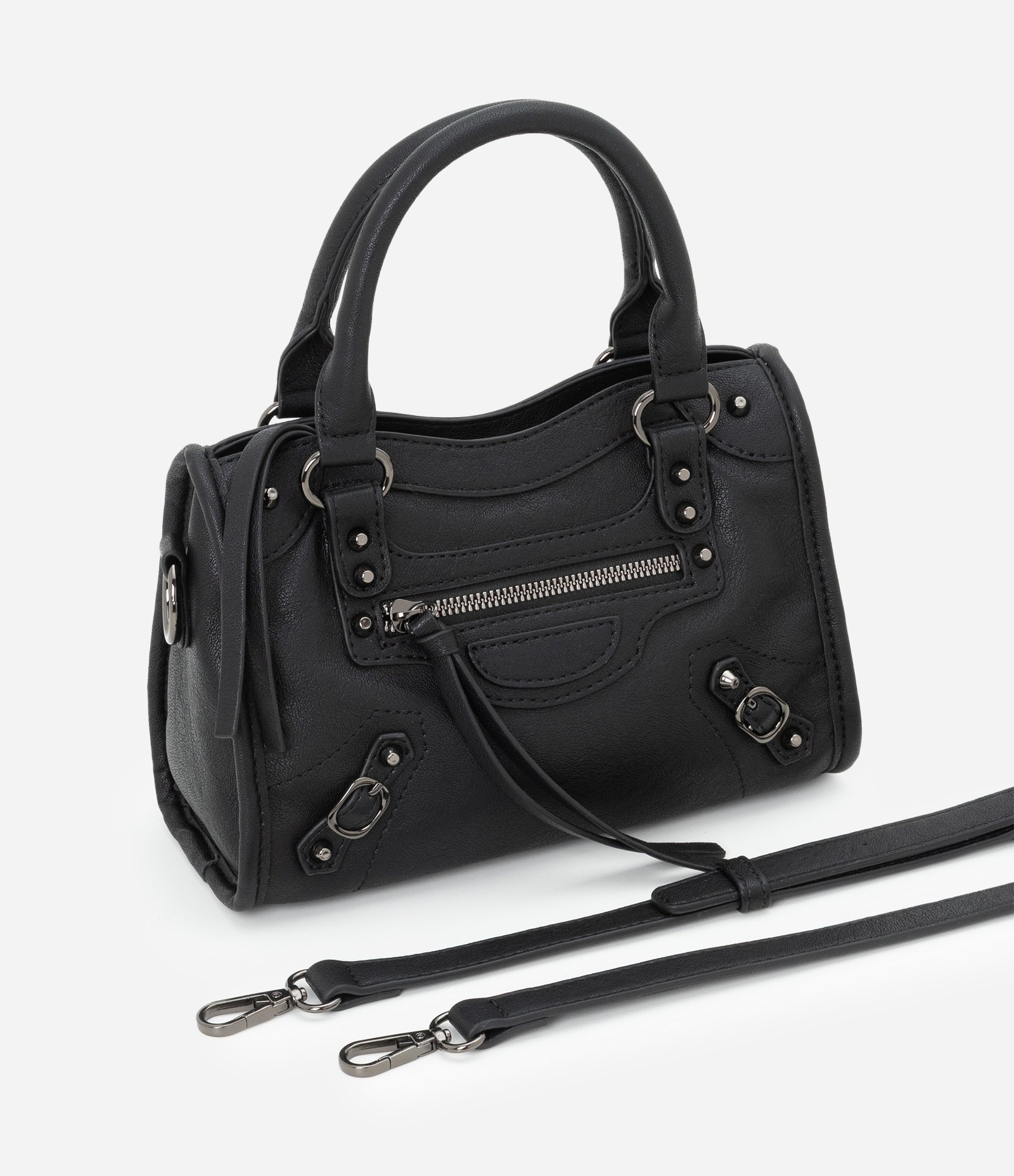 Bolsa Pequena Satchel com Detalhes Metálicos Preto 7