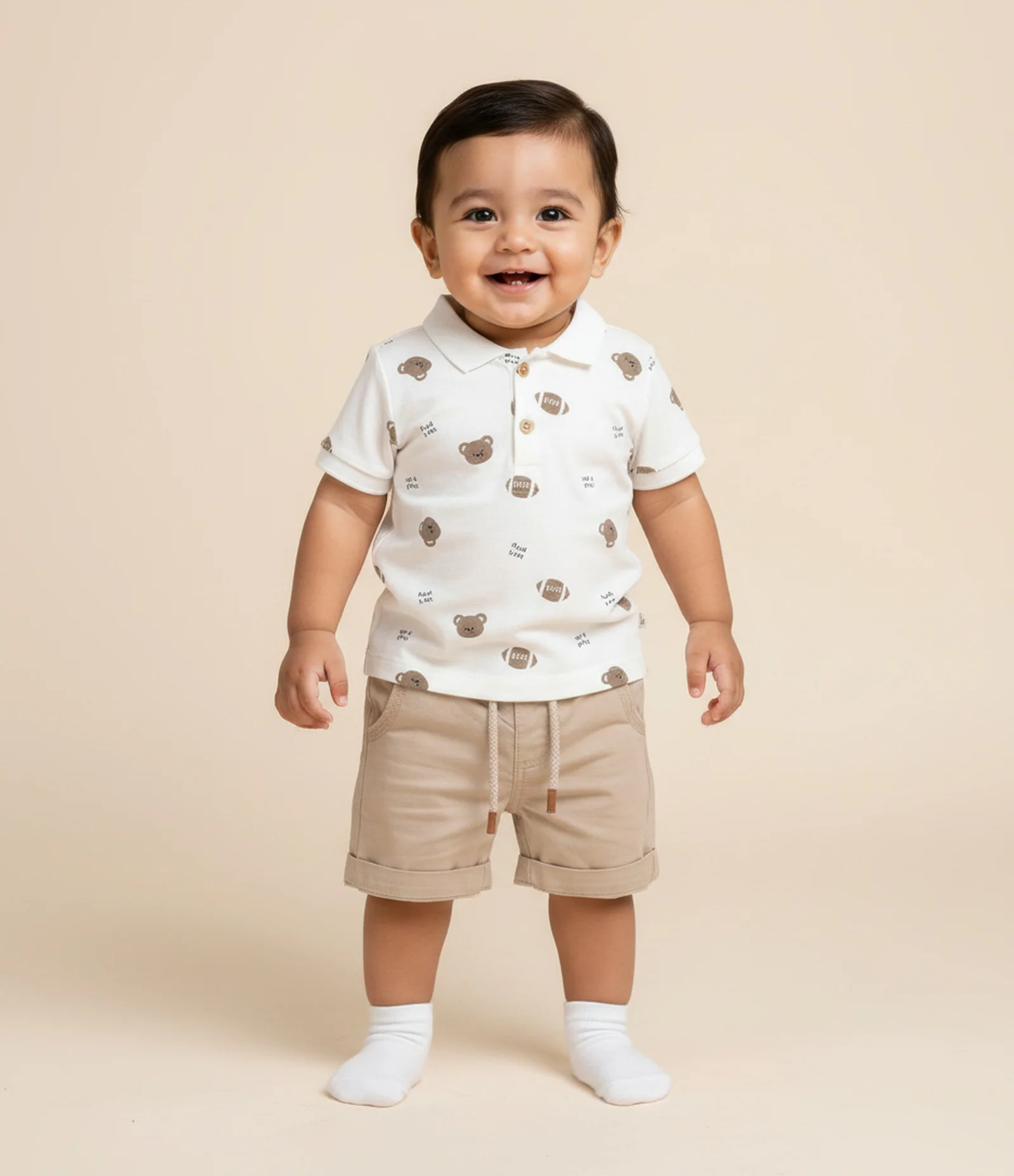 Camiseta Polo Infantil em Piquet com Estampa de Urso - Tam 0 a 18 Meses Branco 1