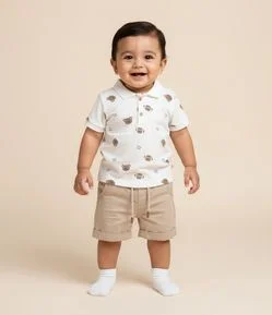 Camiseta Polo Infantil em Piquet com Estampa de Urso - Tam 0 a 18 Meses