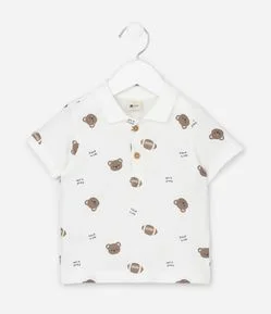 Camiseta Polo Infantil em Piquet com Estampa de Urso - Tam 0 a 18 Meses