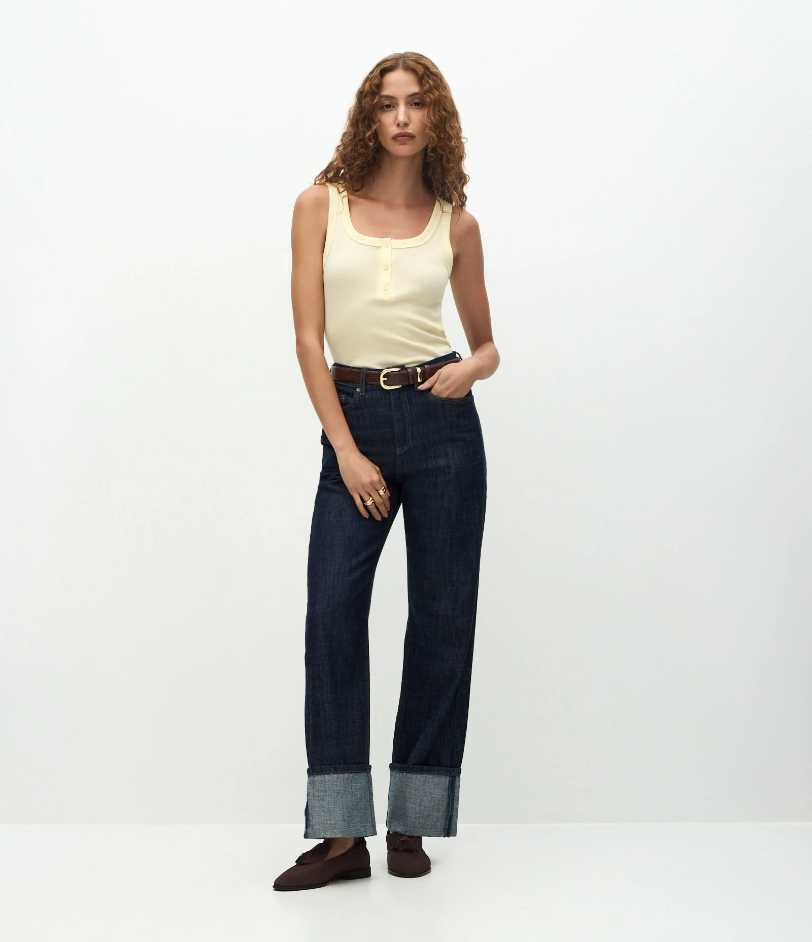 Blusa Regata em Ribana com Meia Vista de Botões Amarelo 1