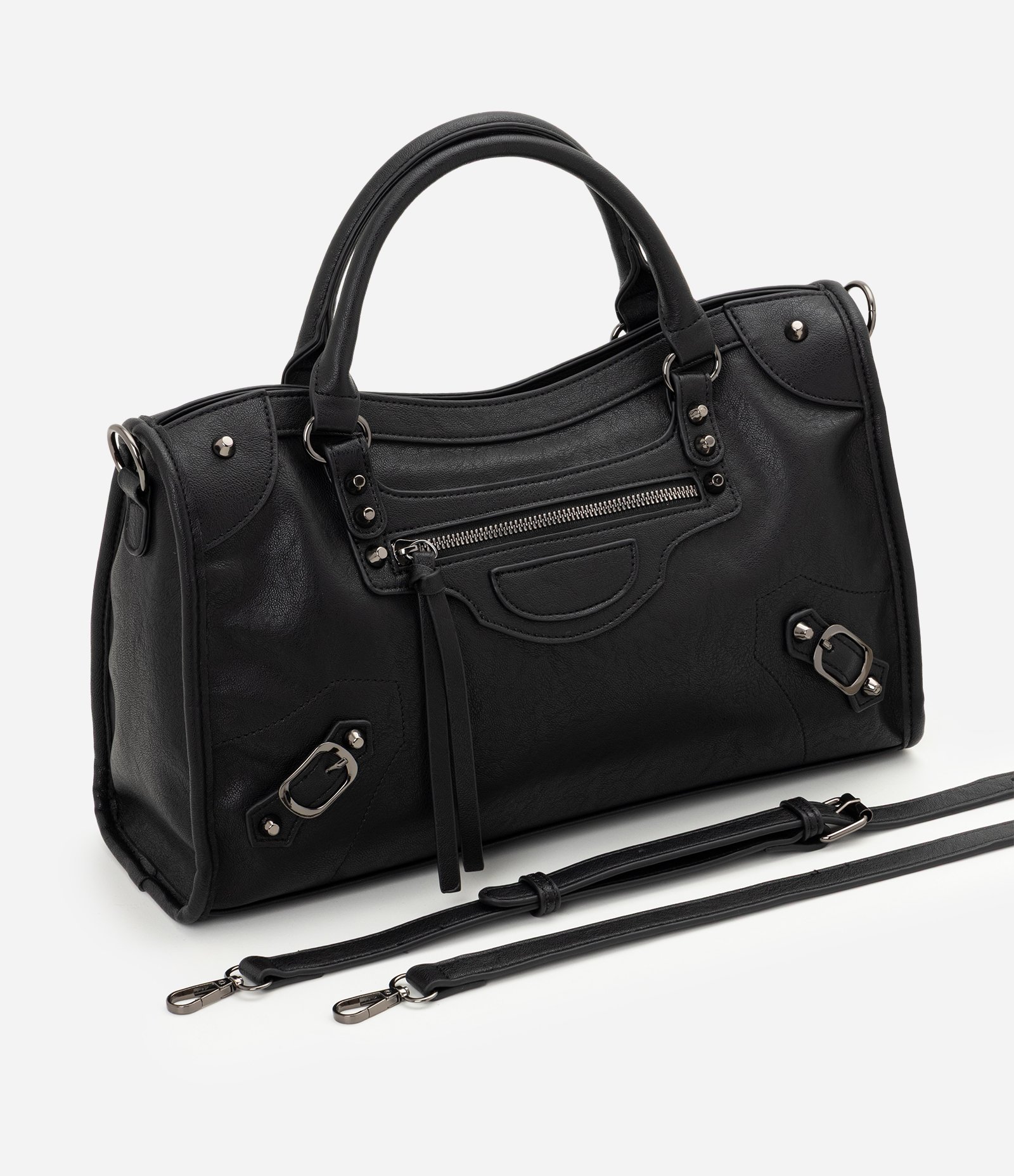 Bolsa Satchel Grande em PU com Alça Removível Preto 6