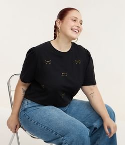 Camiseta em Algodão com Manga Bufante e Lacinhos Flocados Curve & Plus Size