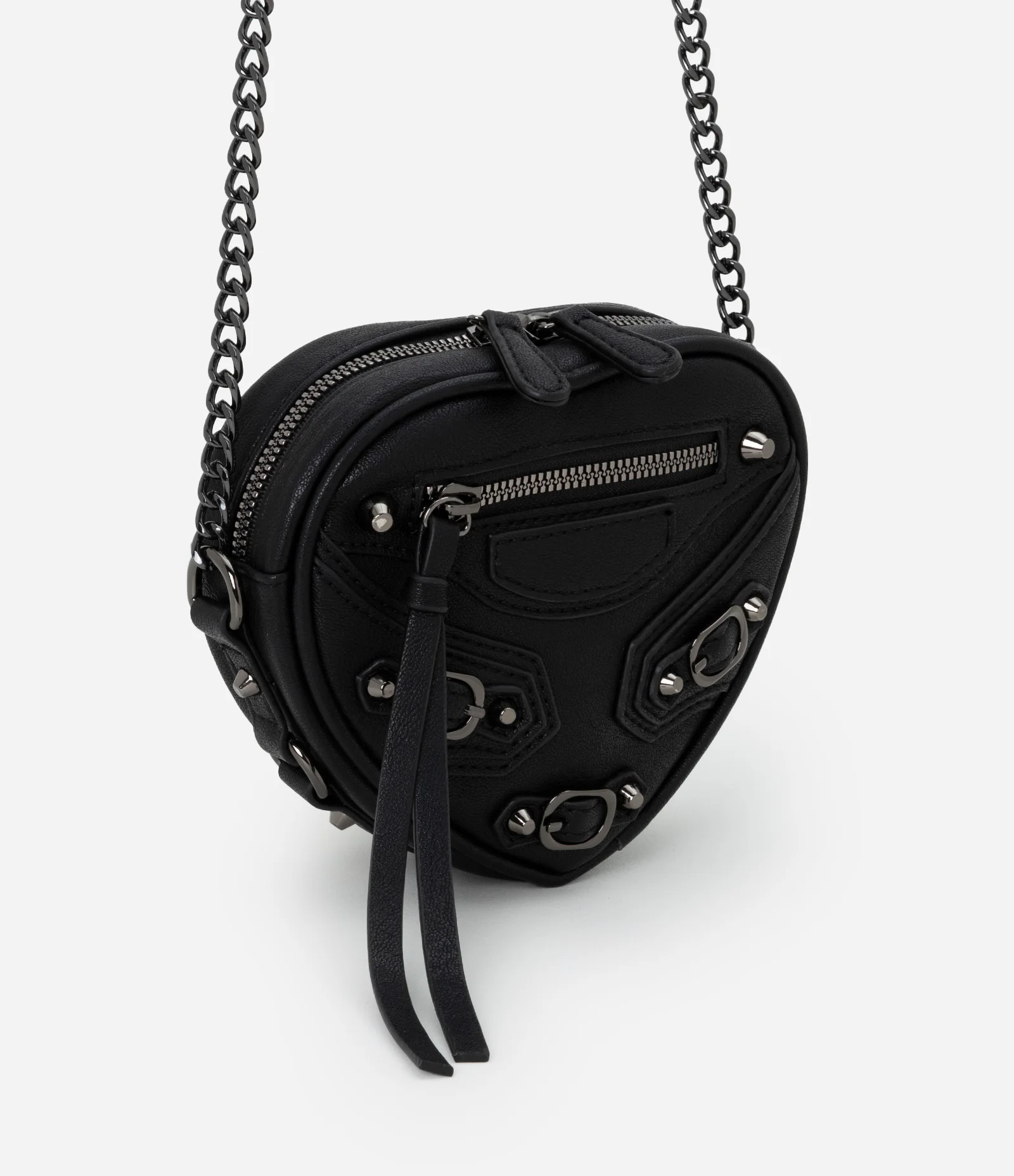 Bolsa Transversal Pequena em Formato de Coração com Detalhes nas Fivelas e Corrente Preto 1