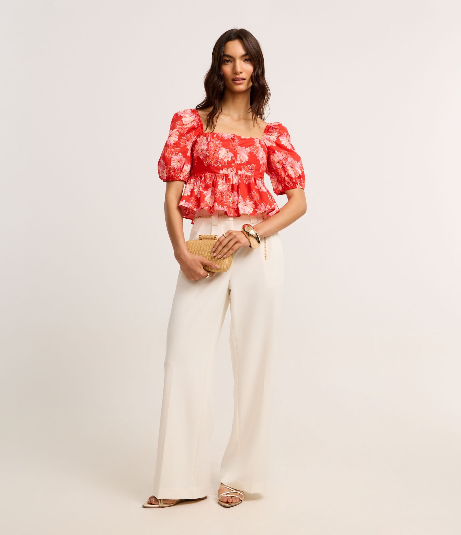 Blusa Peplum Cropped em Tricoline com Estampa Floral Vermelho 2