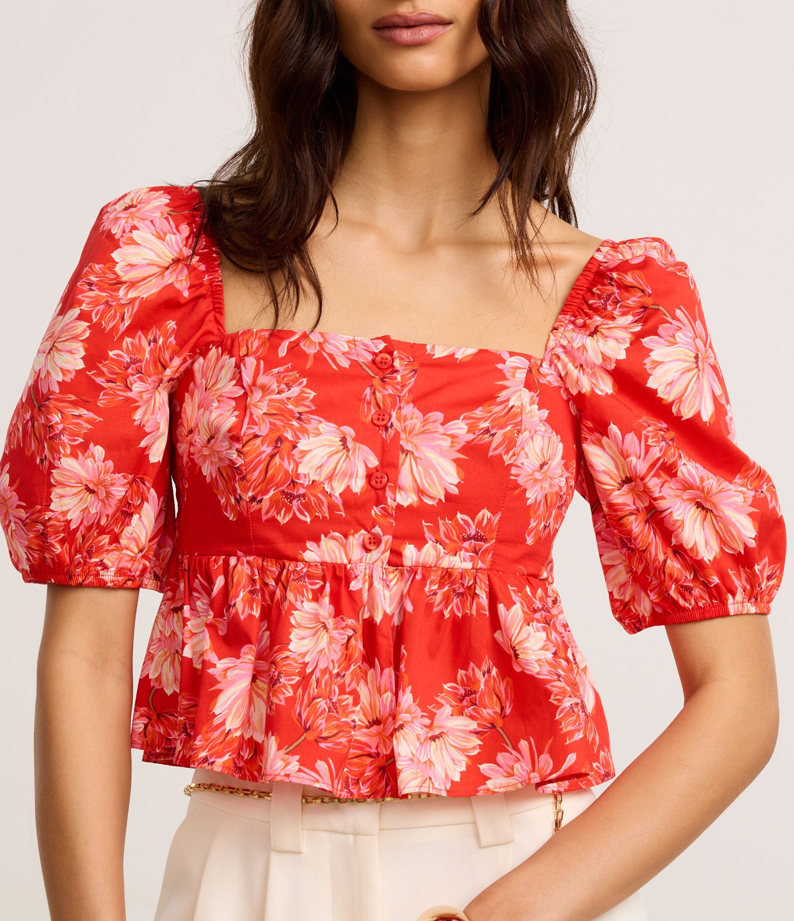 Blusa Peplum Cropped em Tricoline com Estampa Floral Vermelho 4