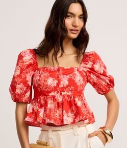 Blusa Peplum Cropped em Tricoline com Estampa Floral
