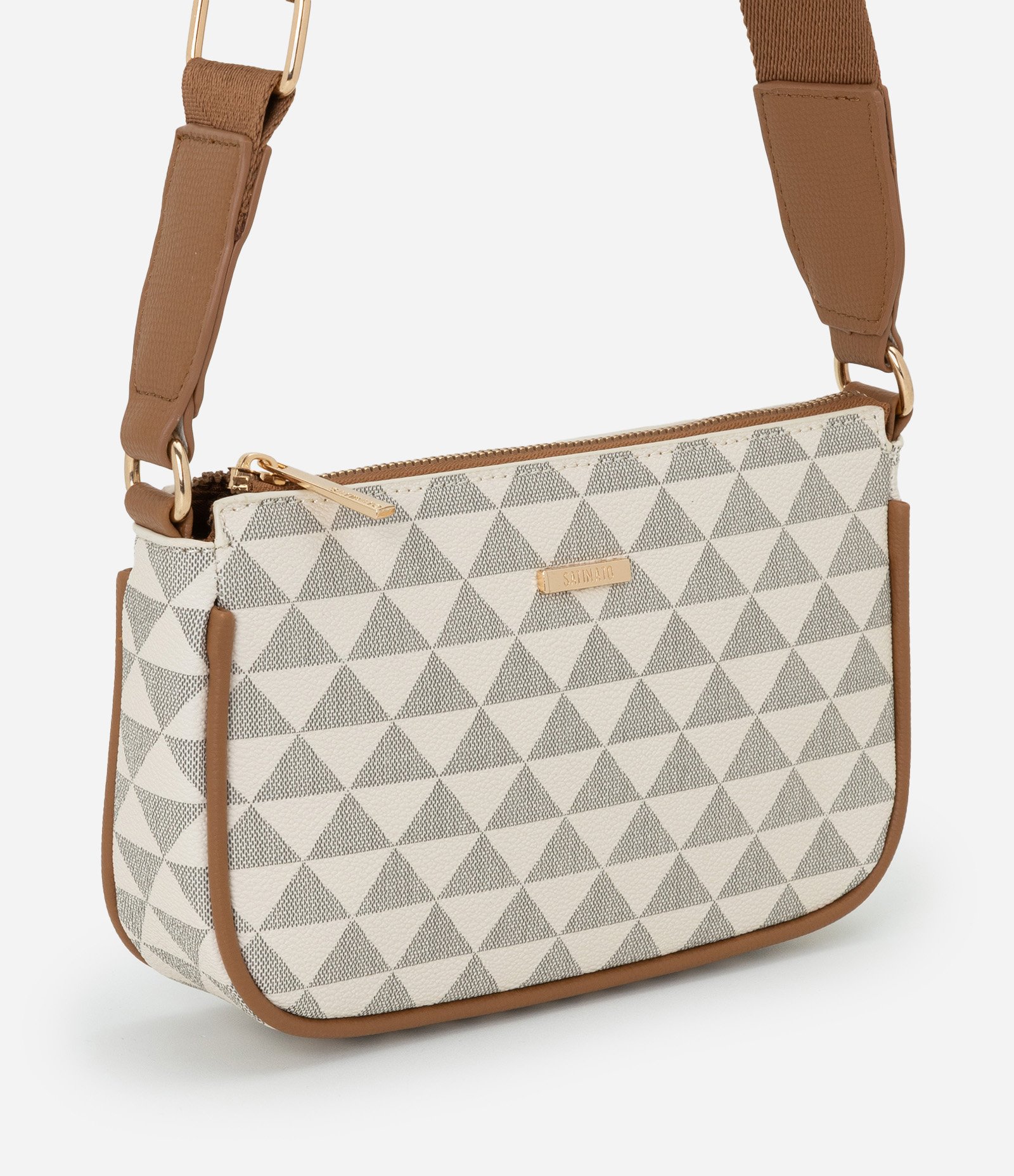 Bolsa Transversal Pequena com Alça Longa e Estampa Triângulos Multicores 1