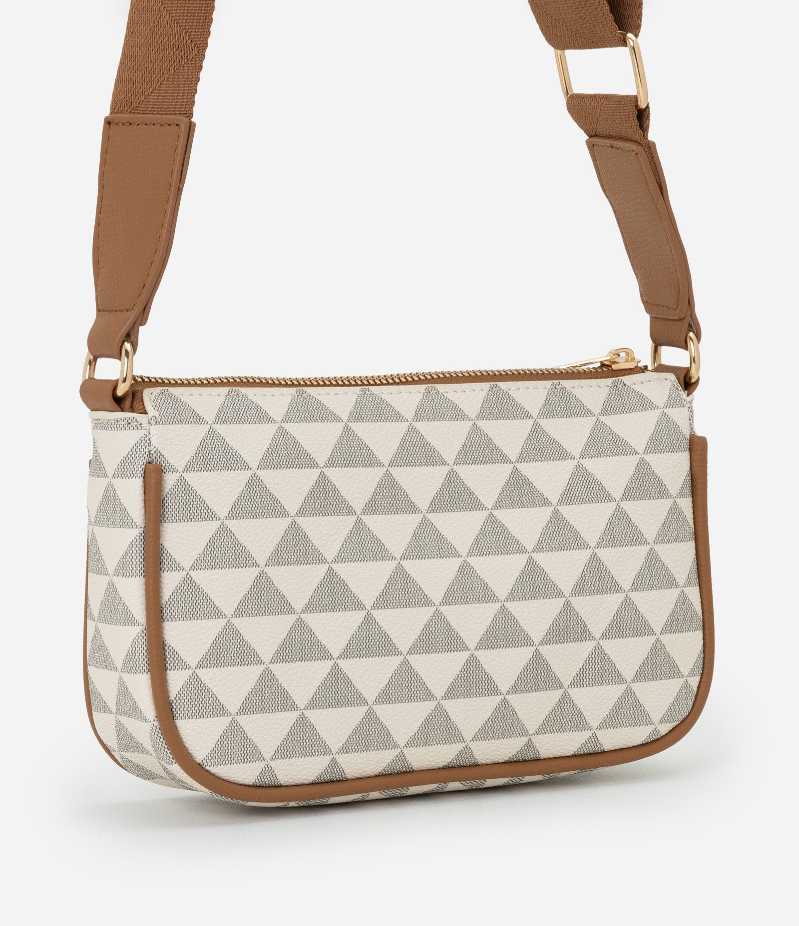 Bolsa Transversal Pequena com Alça Longa e Estampa Triângulos Multicores 3