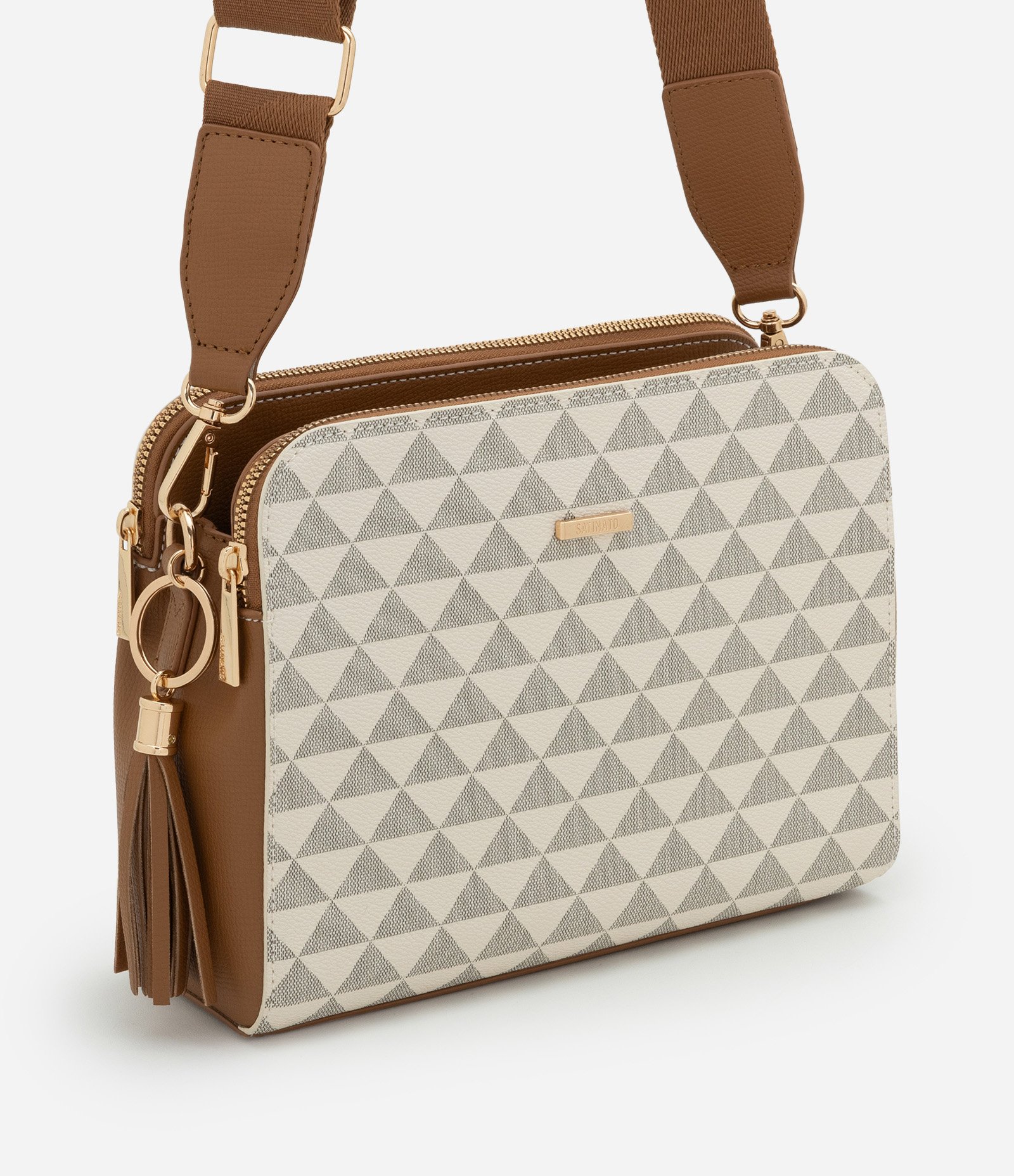 Bolsa Transversal Média com Alça Longa e Estampa Triângulos Multicores 1