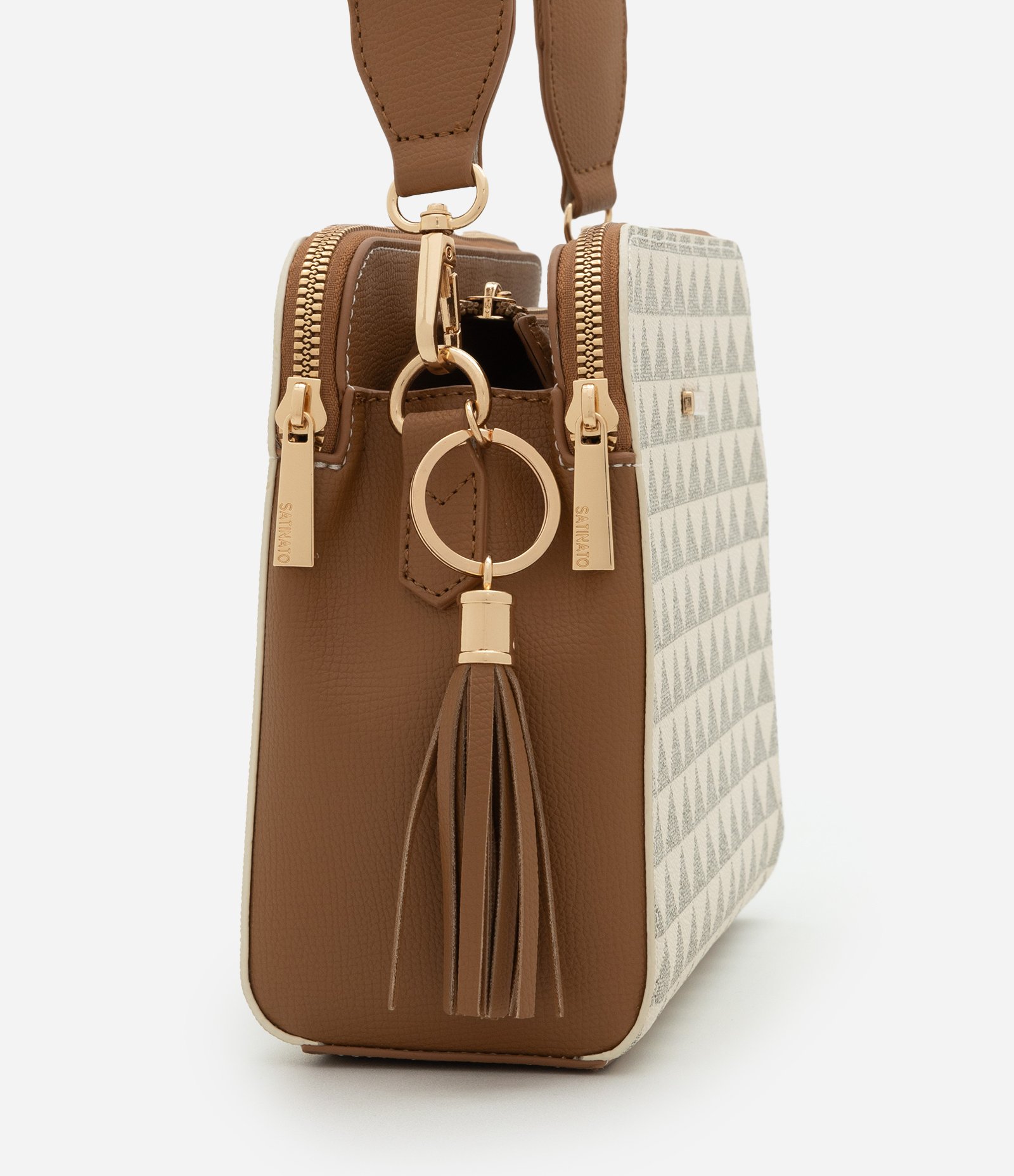 Bolsa Transversal Média com Alça Longa e Estampa Triângulos Multicores 2