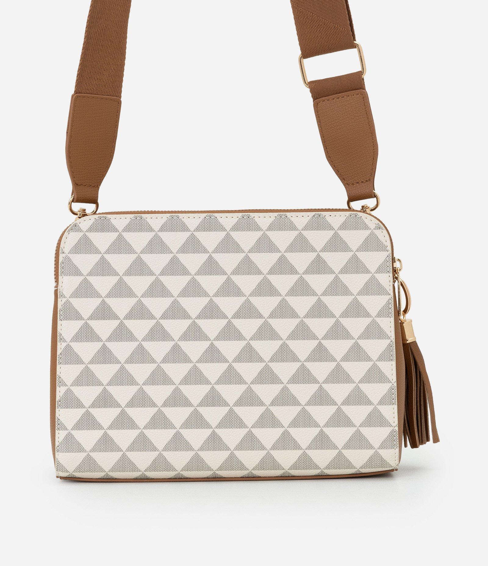 Bolsa Transversal Média com Alça Longa e Estampa Triângulos Multicores 3