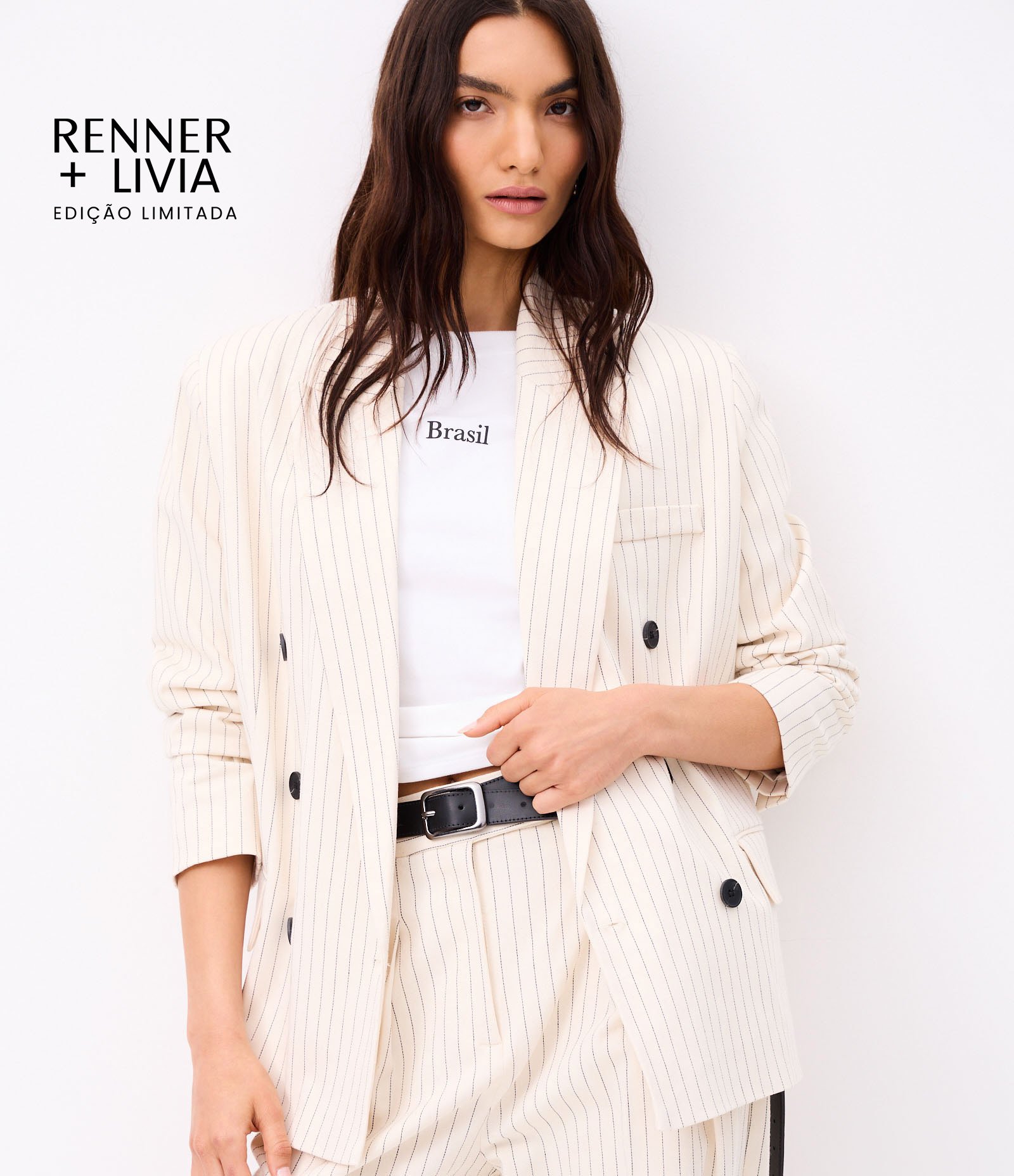 Blazer Maxi Oversized de Corte Alfaiatado em Algodão com Riscas de Giz Bege 1