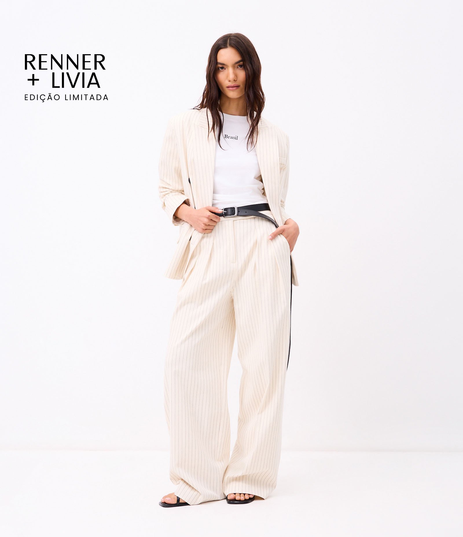 Calça Alfaiatada Cintura Alta em Algodão com Risca de Giz Bege 1