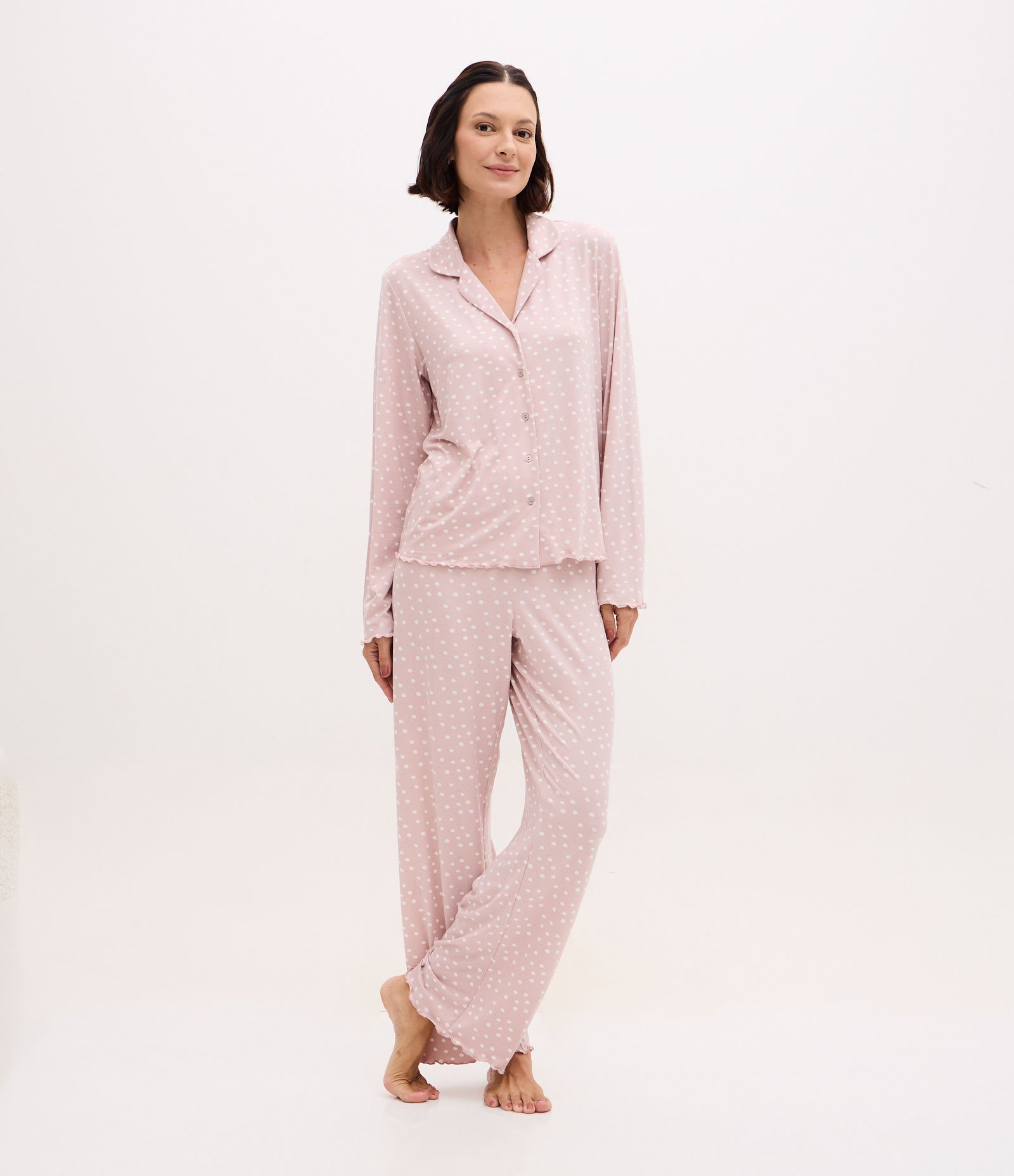 Pijama Americano Longo Peach Touch Poá Lilás 2