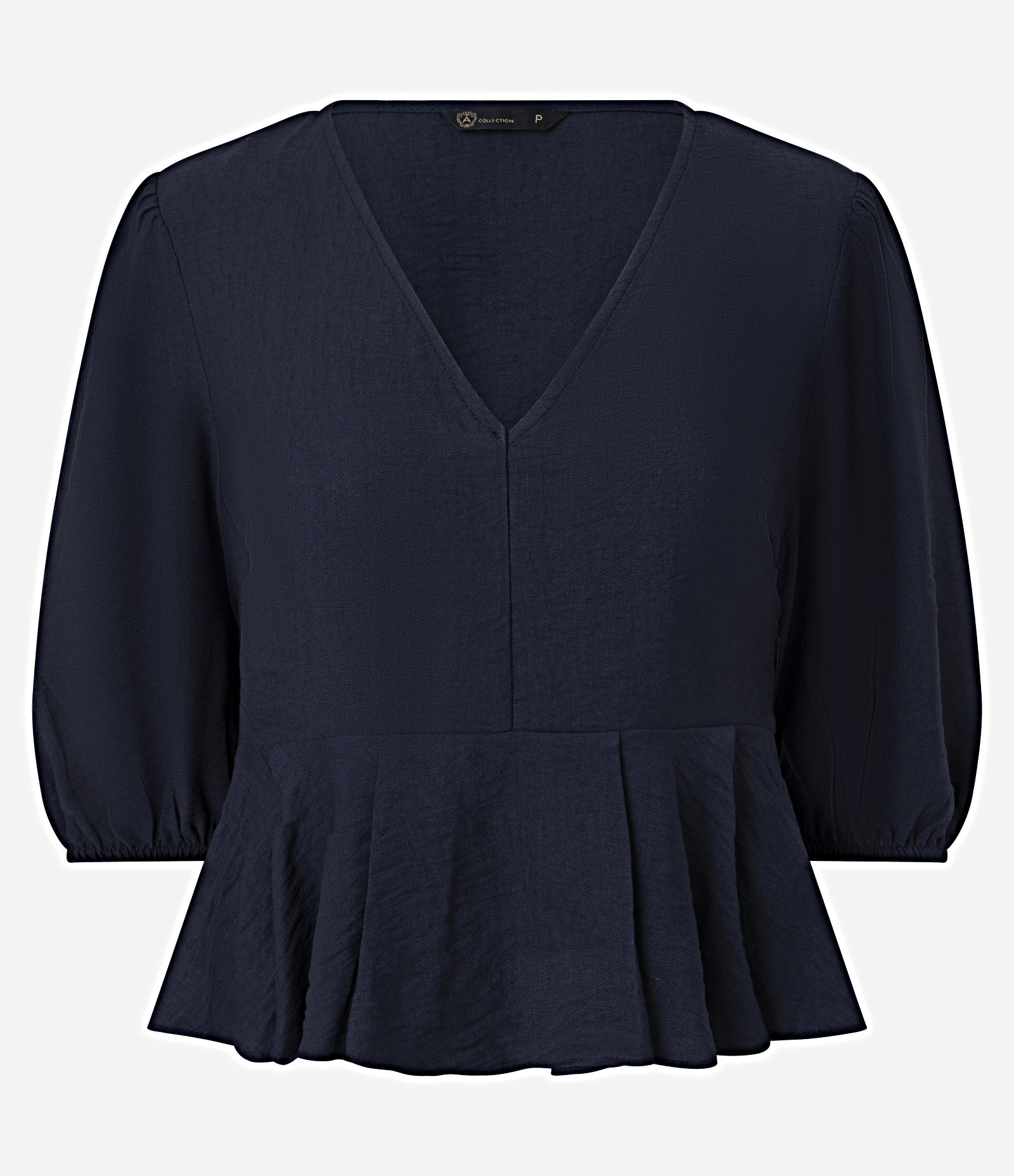 Blusa Peplum em Crepe com Manga 3/4  e Decote V Azul Marinho 5