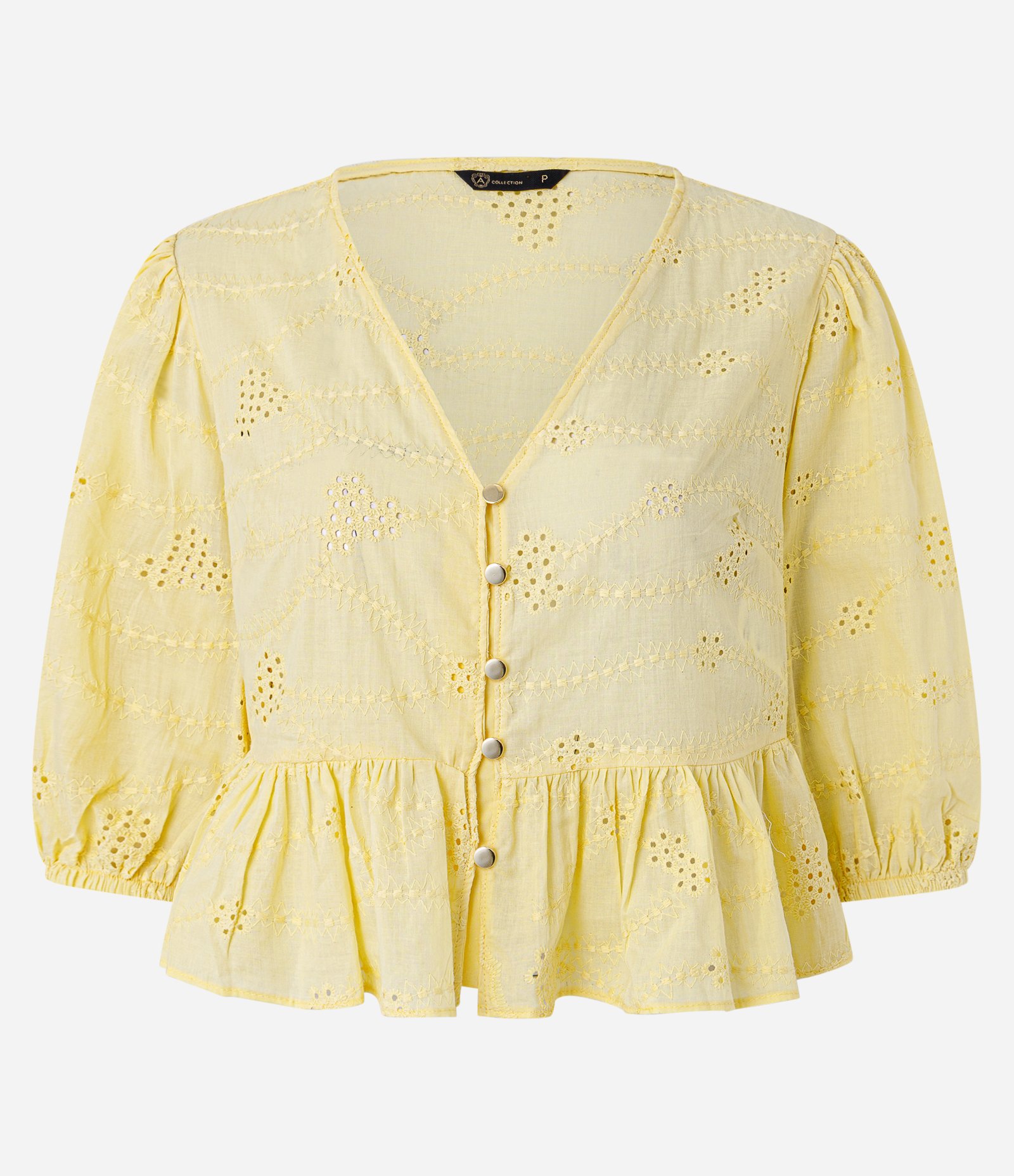 Blusa Peplum em Laise com Botões e Bordado Vazado Amarelo 1