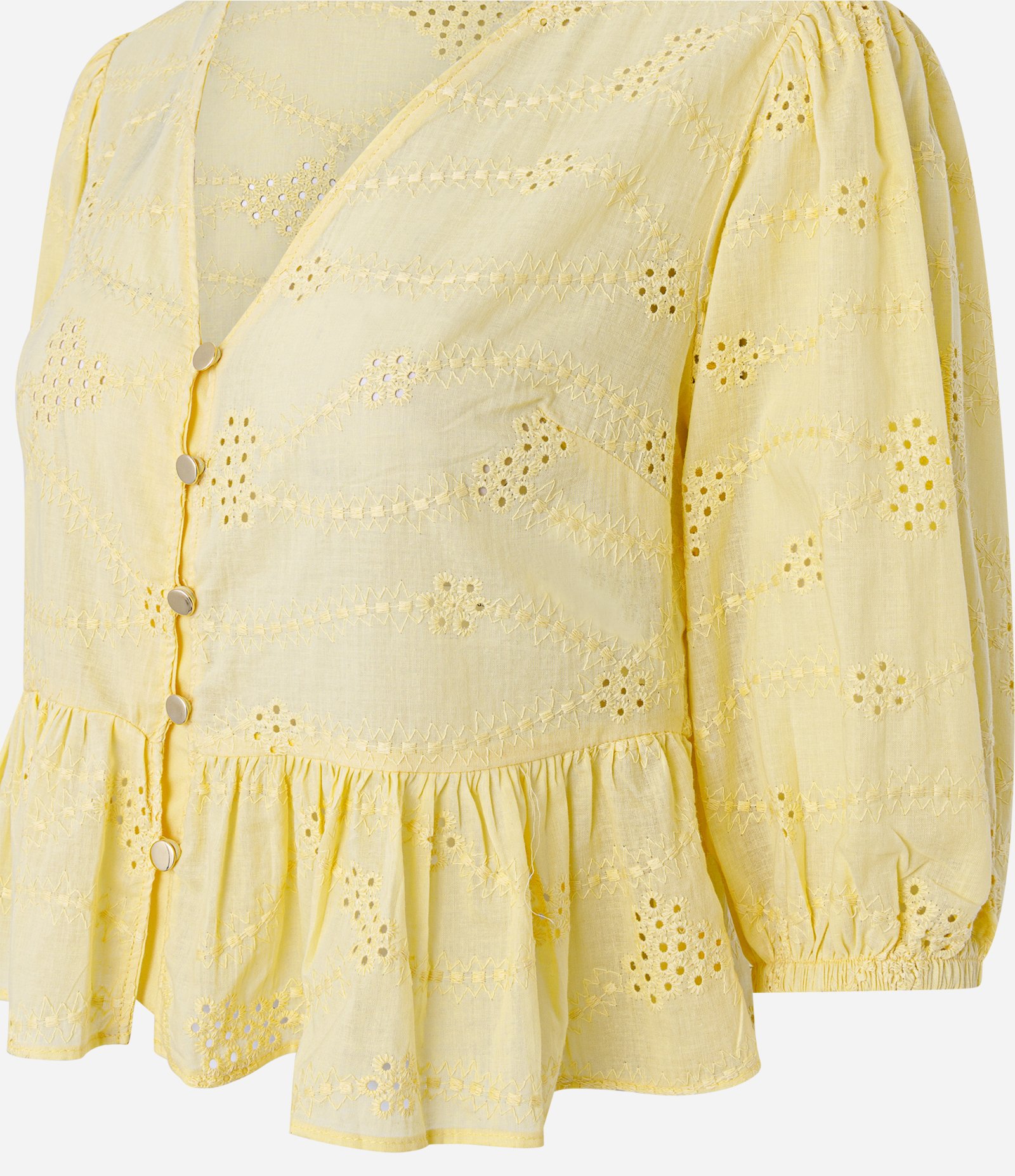 Blusa Peplum em Laise com Botões e Bordado Vazado Amarelo 2