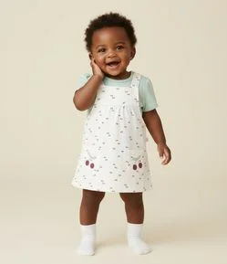 Conjunto Infantil com Salopete de Cereja Bordada e Body com Rendinha – Tam RN a 18 Meses