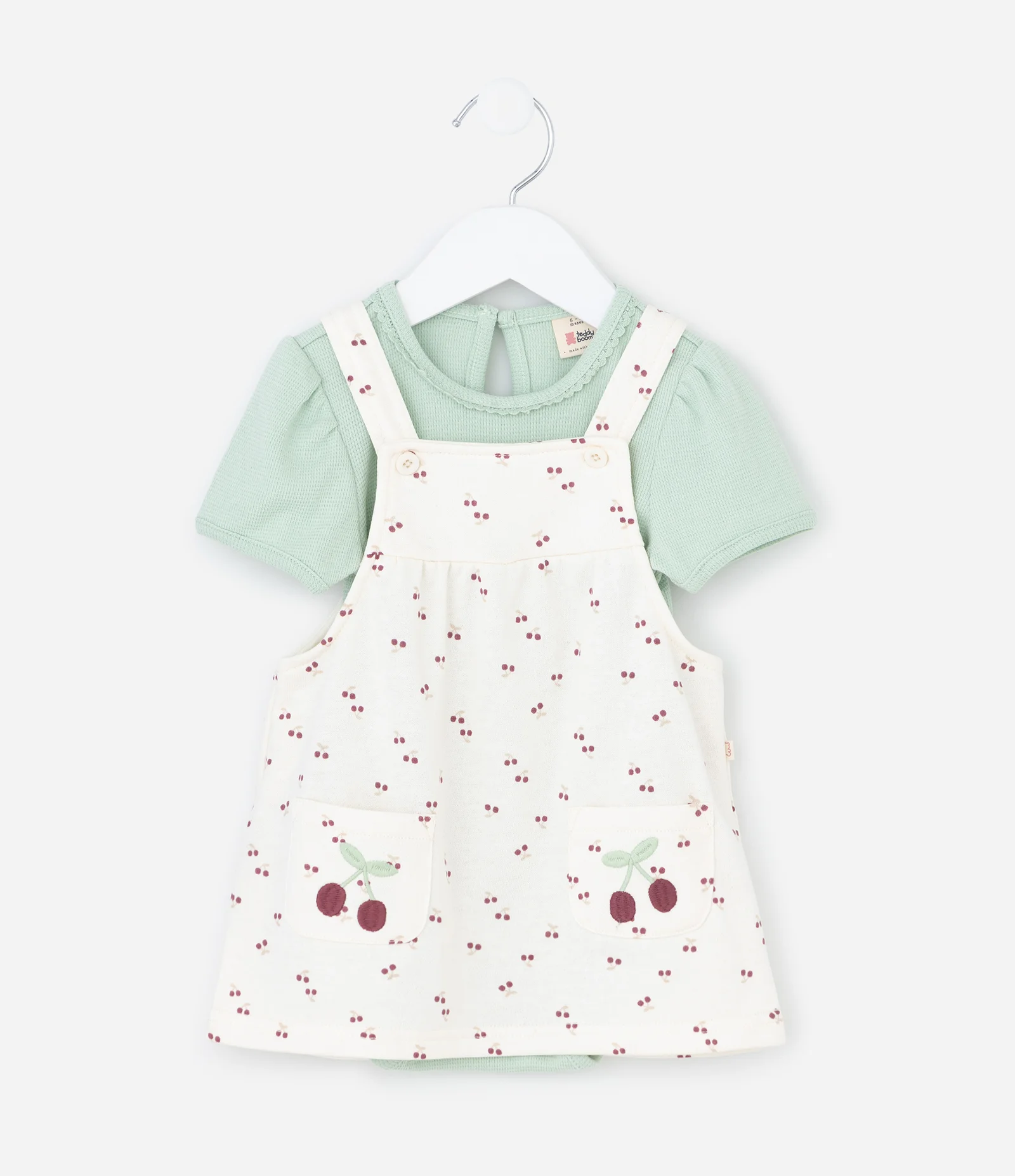 Conjunto Infantil com Salopete de Cereja Bordada e Body com Rendinha – Tam RN a 18 Meses Off White/Verde Menta 2