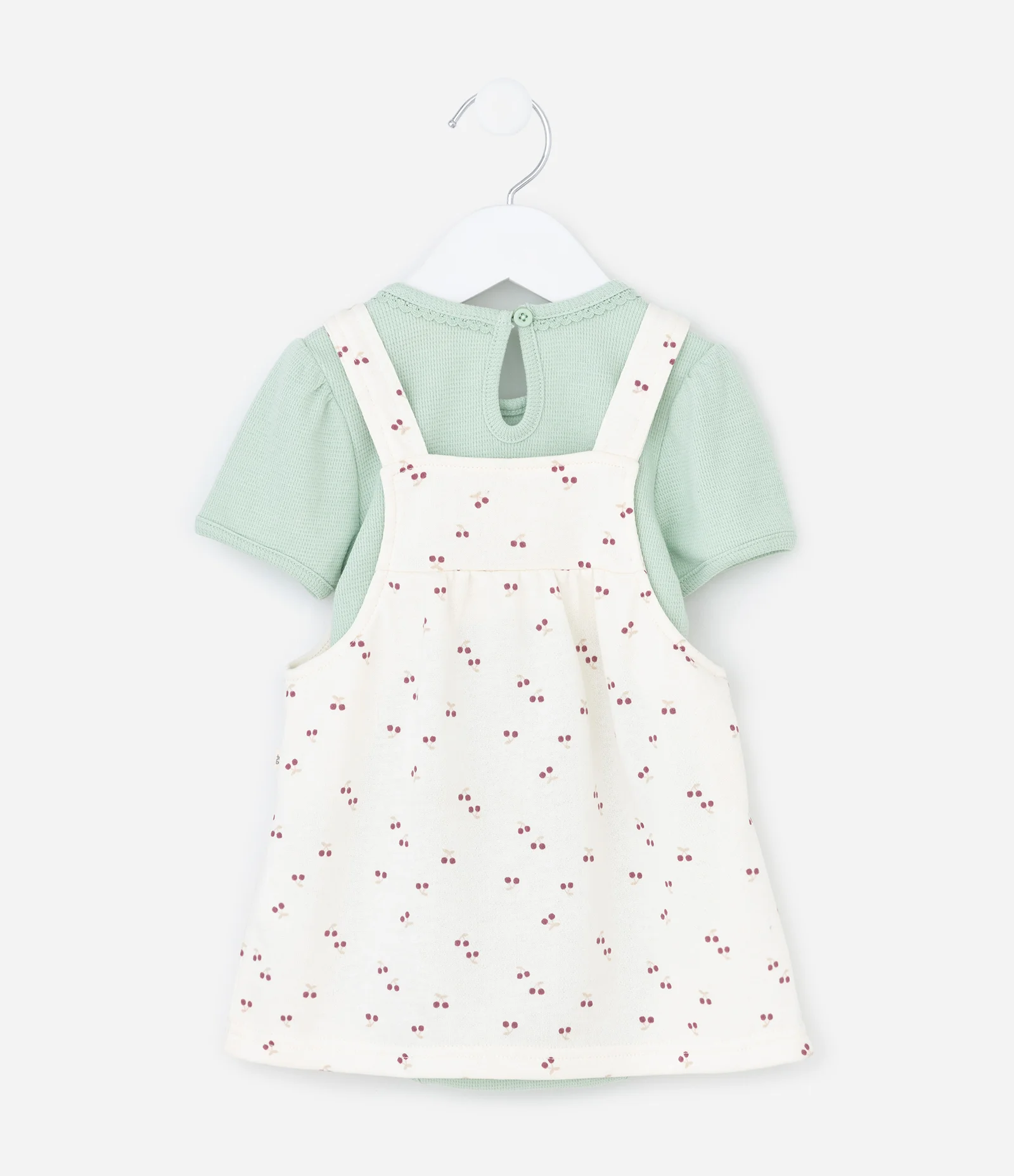Conjunto Infantil com Salopete de Cereja Bordada e Body com Rendinha – Tam RN a 18 Meses Off White/Verde Menta 3