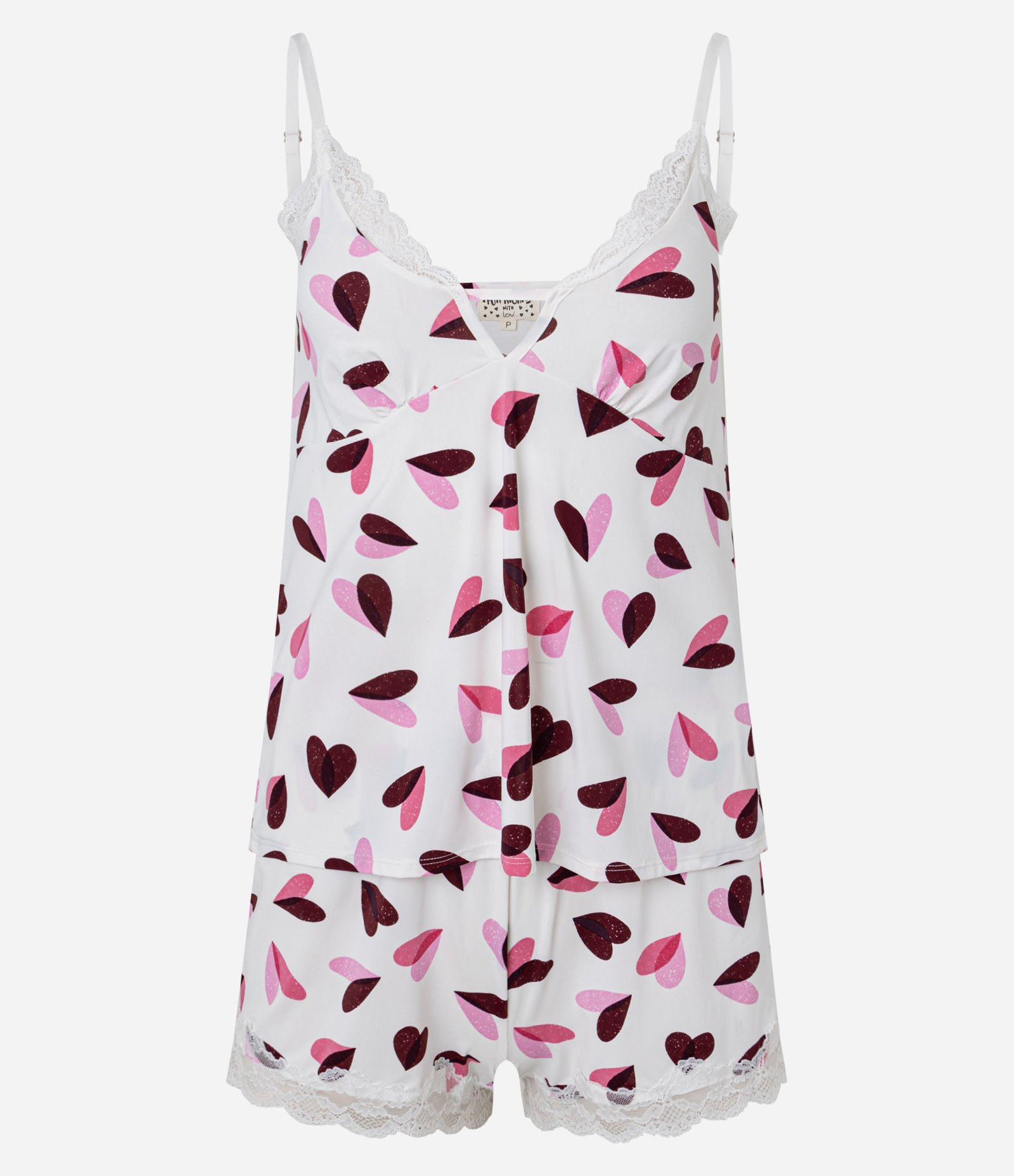 Pijama Short Doll em Microfibra com Alças Finas e Estampa de Coração Branco 1