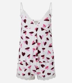 Pijama Short Doll em Microfibra com Alças Finas e Estampa de Coração
