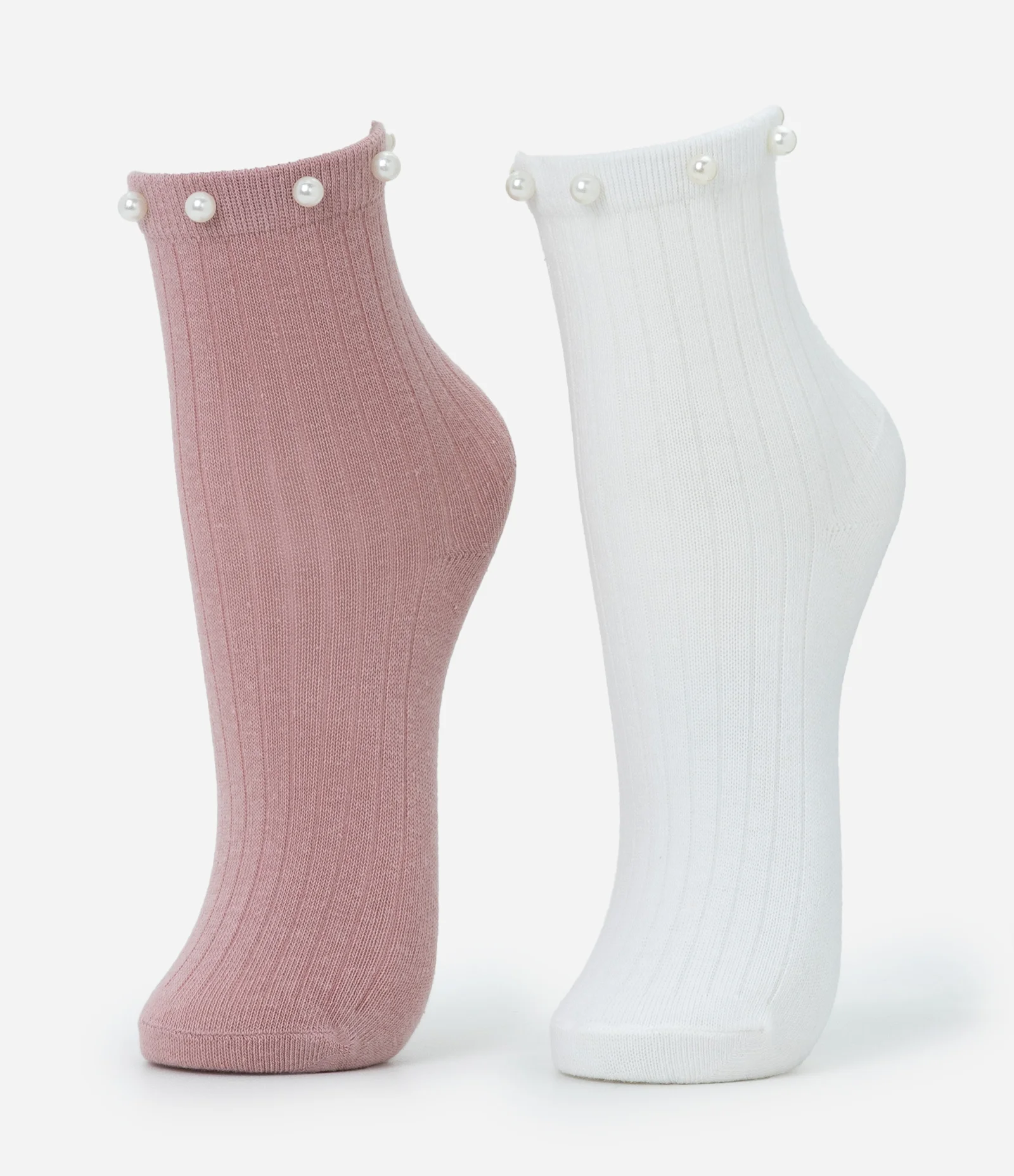 Kit 02 Meias Infantis Cano Médio com Pérola Artificial – Tam 22 a 34 Rosa/Off White 1