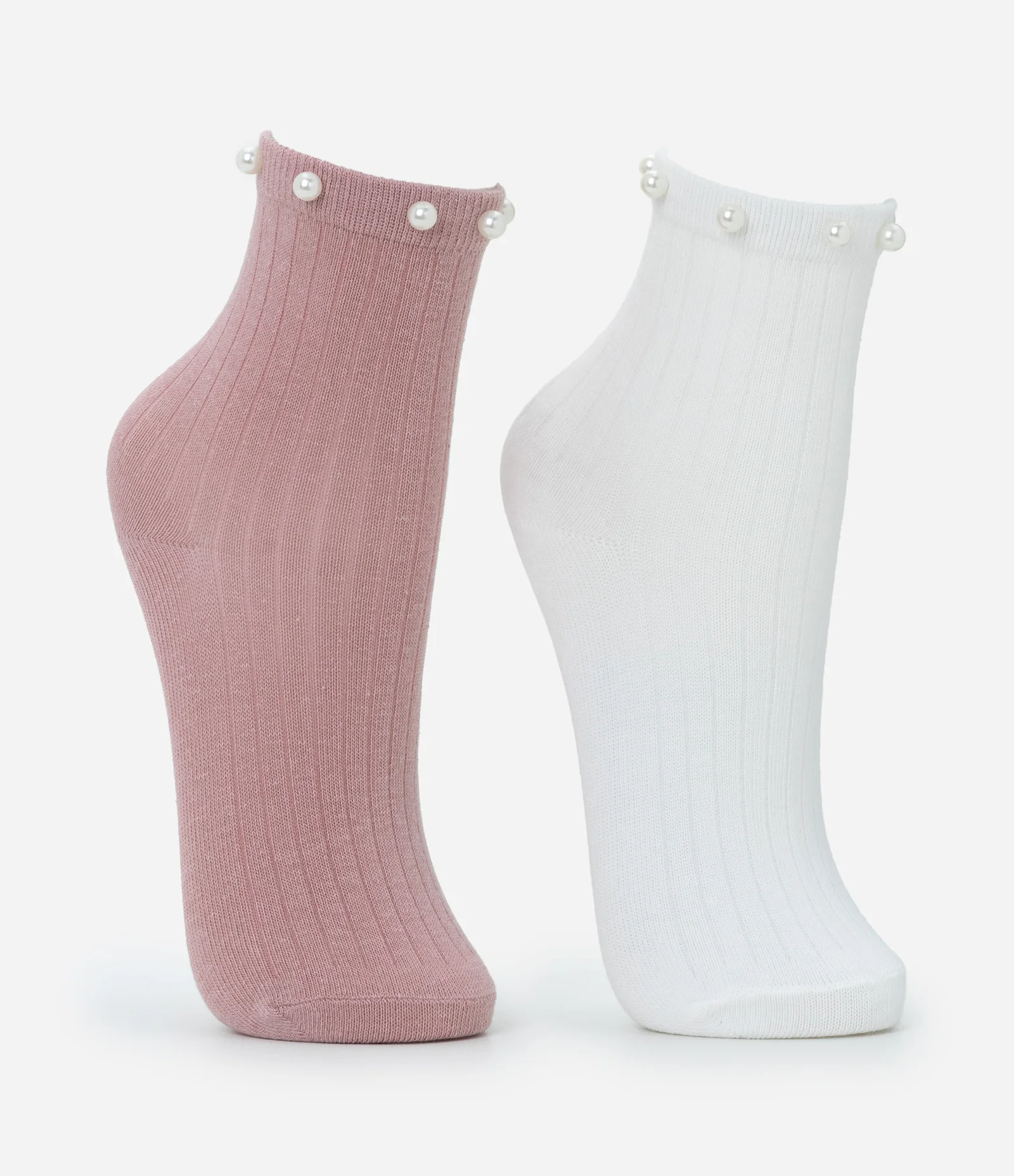 Kit 02 Meias Infantis Cano Médio com Pérola Artificial – Tam 22 a 34 Rosa/Off White 2